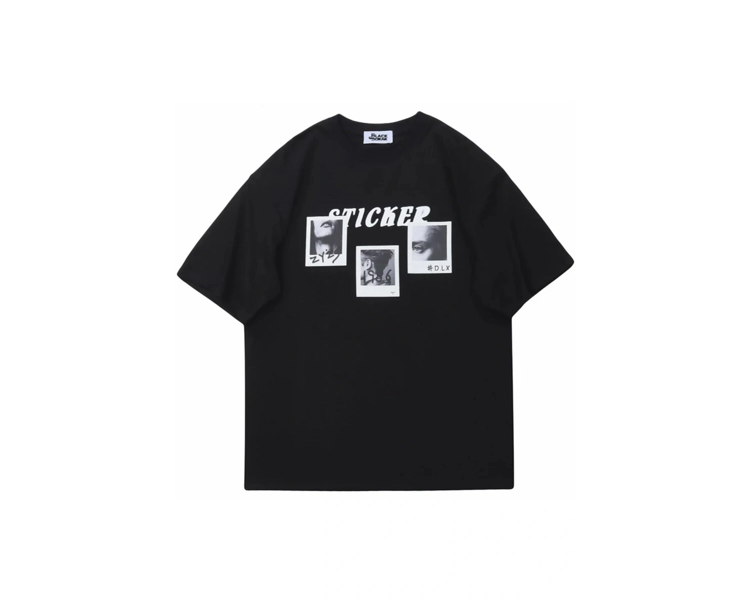 Siyah Sticker Baskılı Oversize Bisiklet Yaka Erkek Tişört