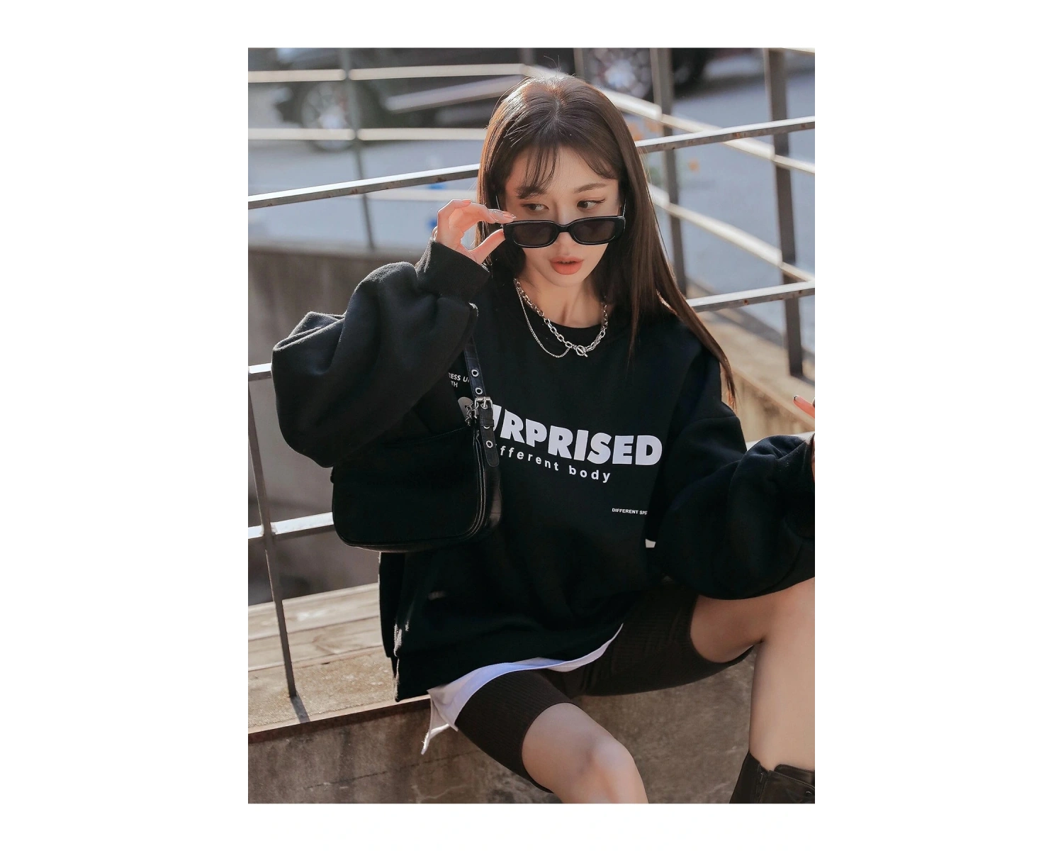 Siyah Surprised Yazı Baskılı Oversize Bisiklet Yaka Sweatshirt