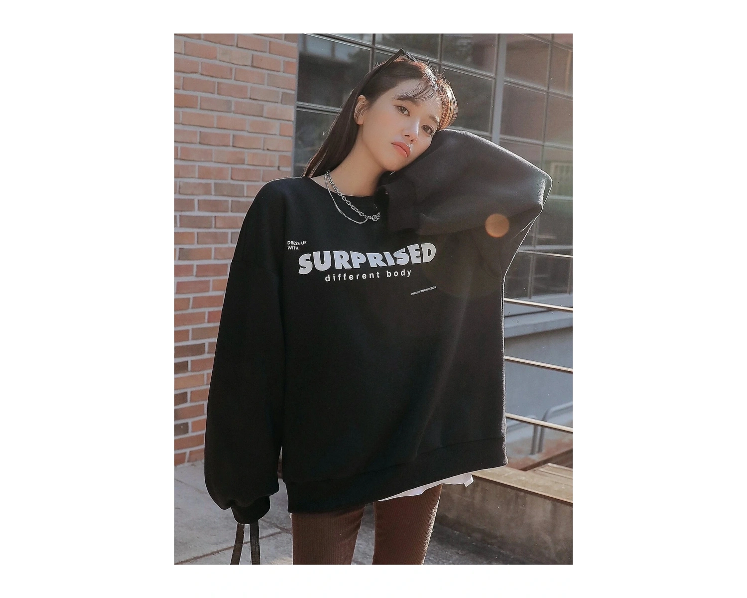 Siyah Surprised Yazı Baskılı Oversize Bisiklet Yaka Sweatshirt