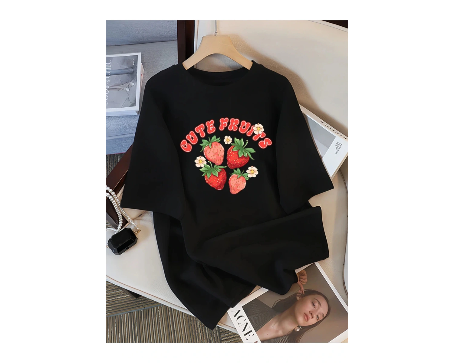 Siyah Taze Çilek Meyve Baskılar Sokak Yaz Tees Serin Nefes Spor