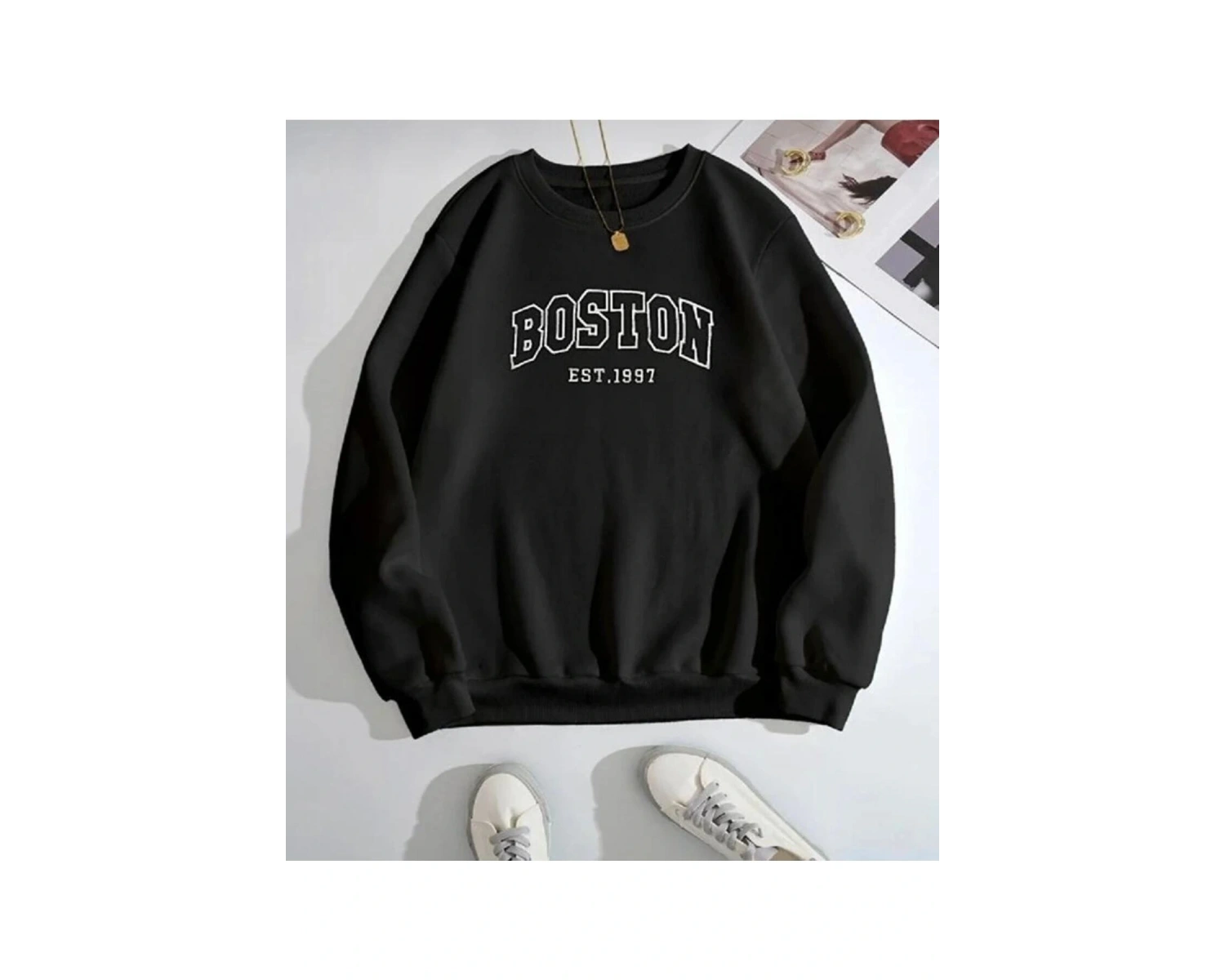 Siyah Unisex Boston Baskılı 0 Yaka Kapşonsuz Pamuklu Sweatshirt