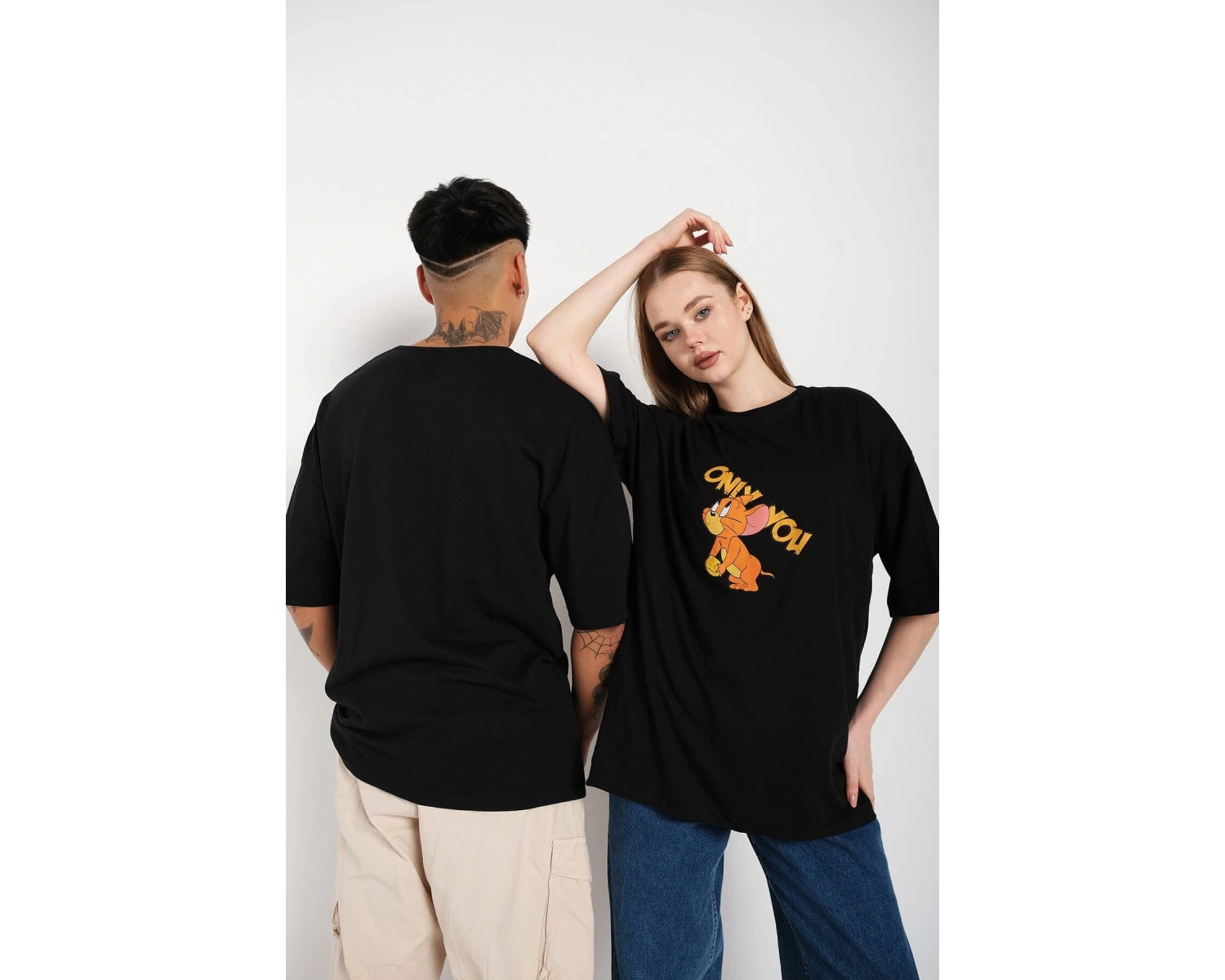 Siyah Unisex Ikili Me To Only You Baskılı Oversize T-shirt