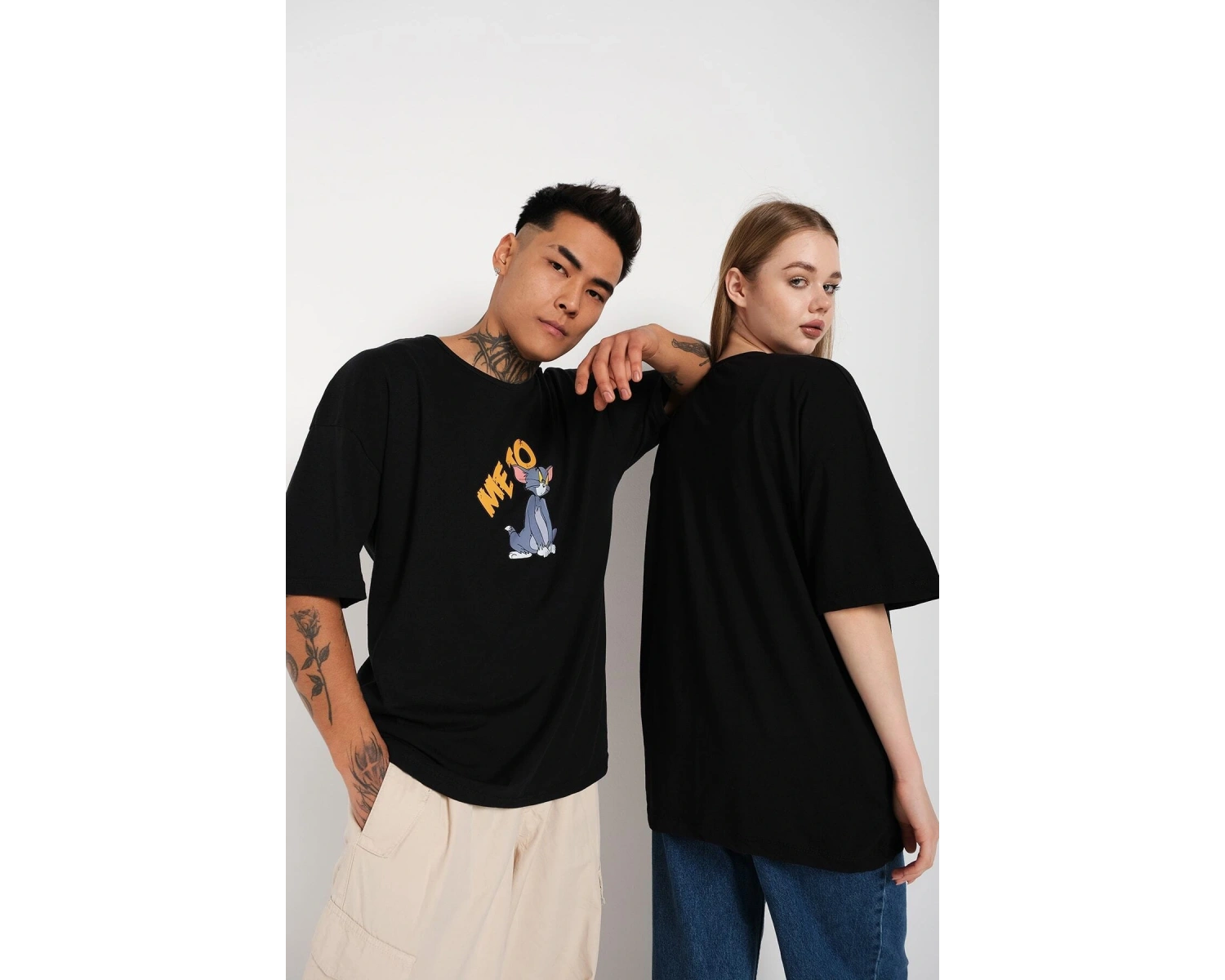 Siyah Unisex Ikili Me To Only You Baskılı Oversize T-shirt