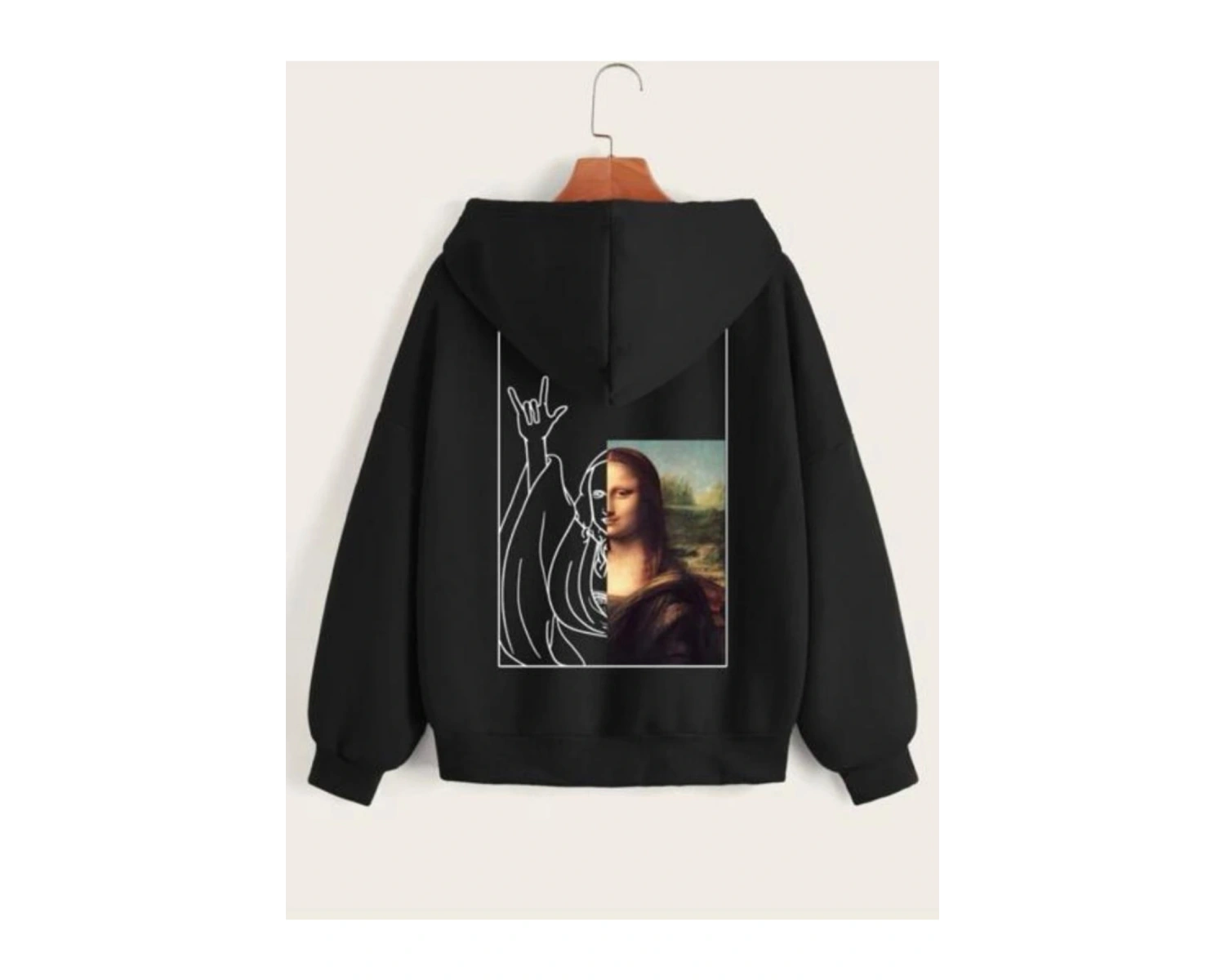 Siyah Unisex Mona Lisa Baskılı Fermuarlı Kapşonlu Oversize Sweat Ceket