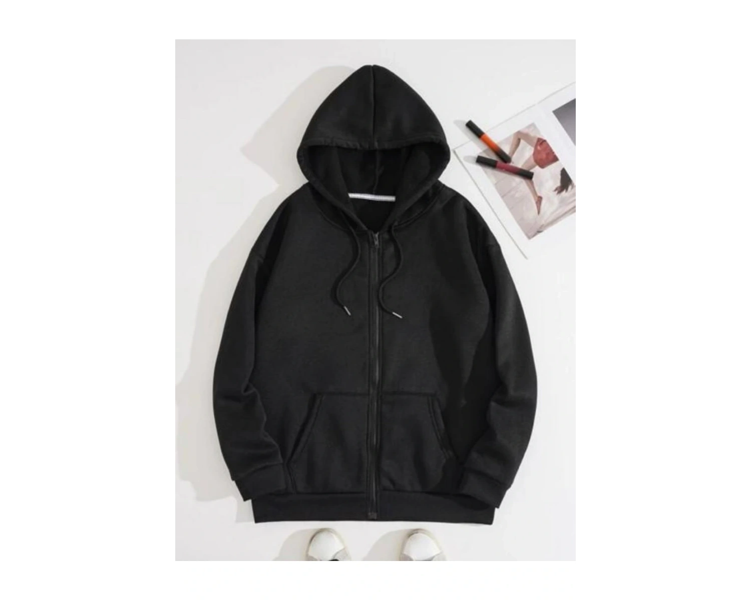 Siyah Unisex Mona Lisa Baskılı Fermuarlı Kapşonlu Oversize Sweat Ceket