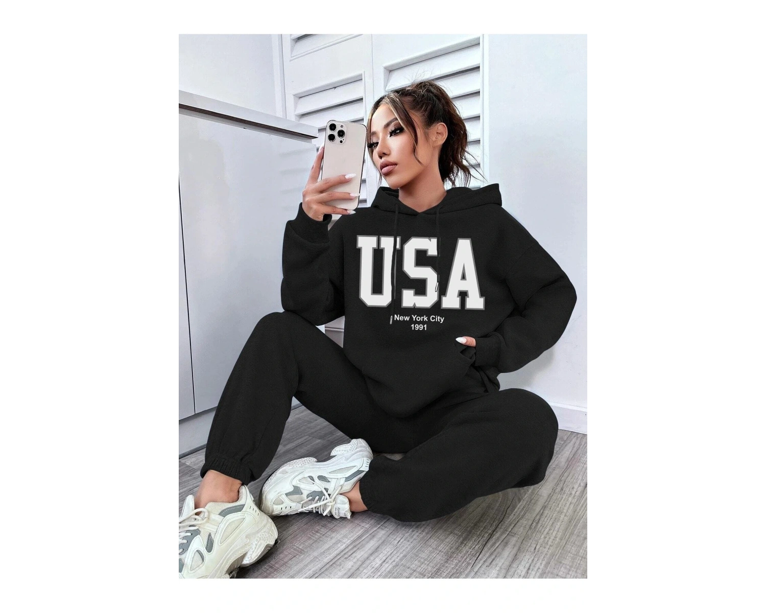 Siyah Usa Dijital Baskılı Kışlık UNİSEX Eşofman Takımı