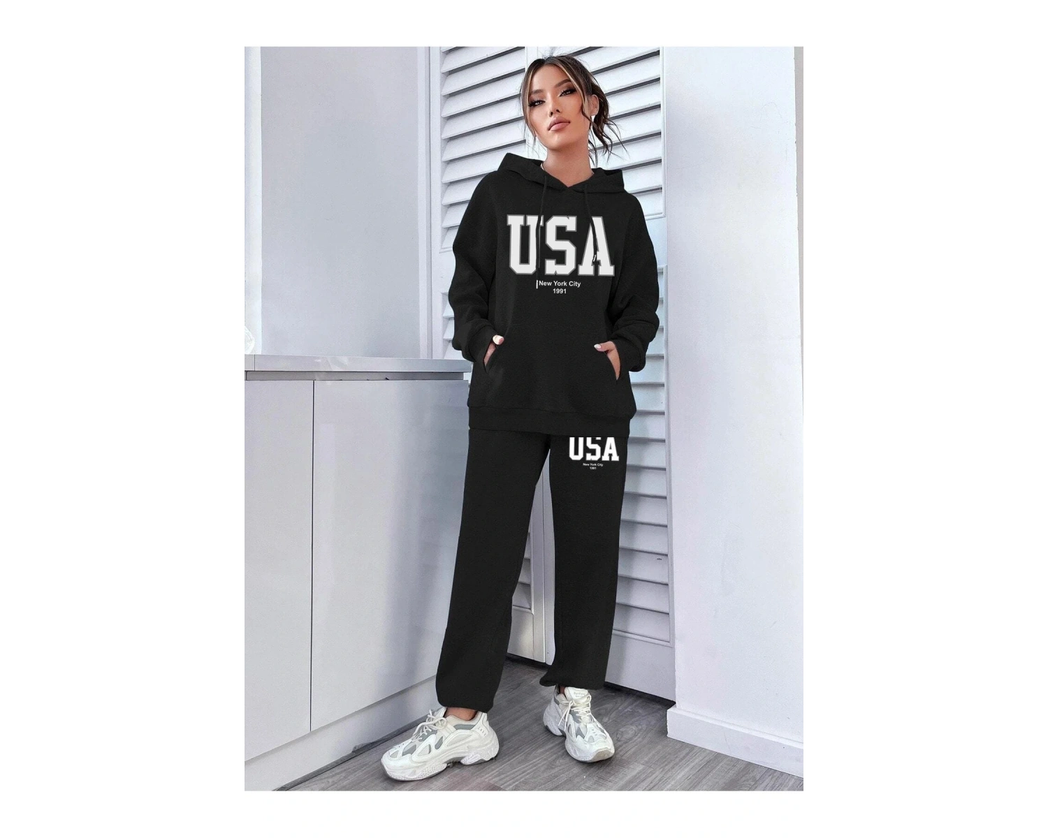 Siyah Usa Dijital Baskılı Kışlık UNİSEX Eşofman Takımı