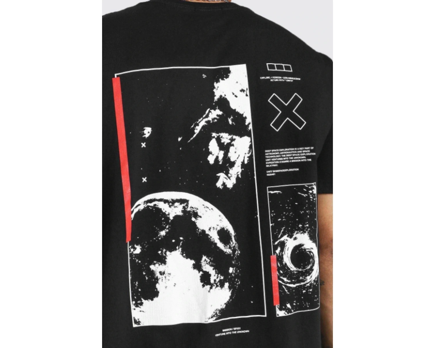 Siyah Uzay Sırt Baskılı Bisiklet Yaka Oversize T-shirt