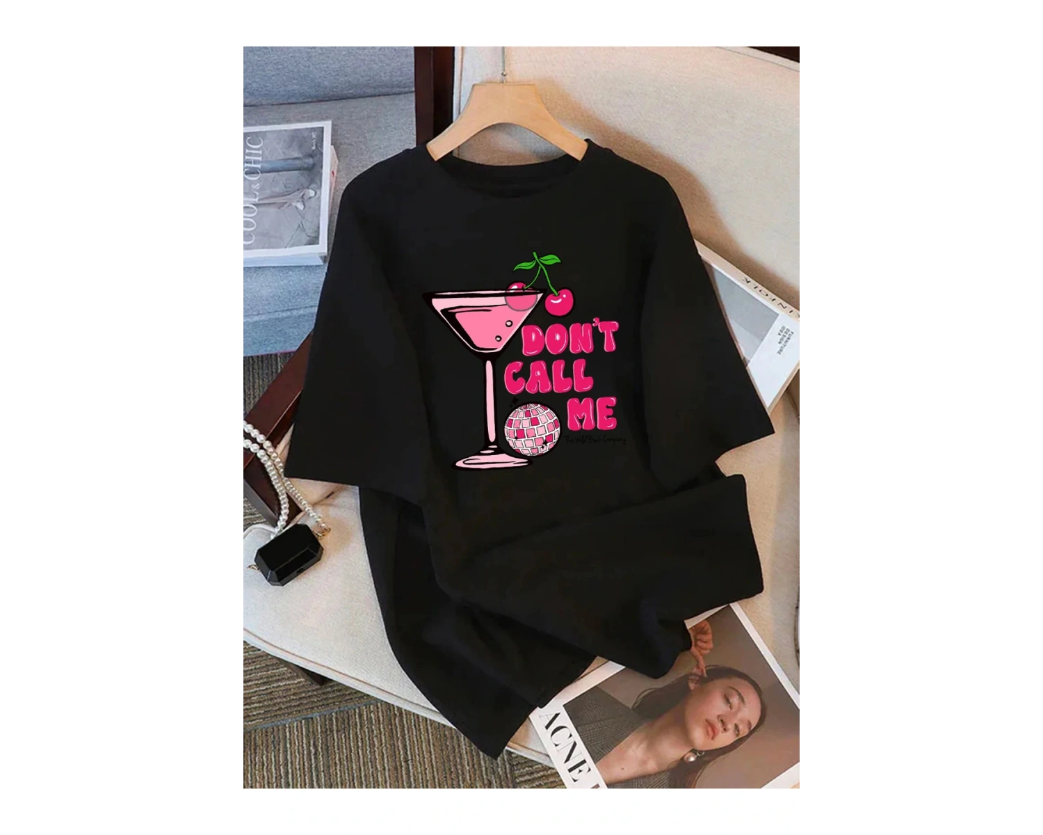 Siyah Yaz an Çilek Kokteyl Baskı Üstleri Yumuşak O-Boyun T Tüm Maç Gi