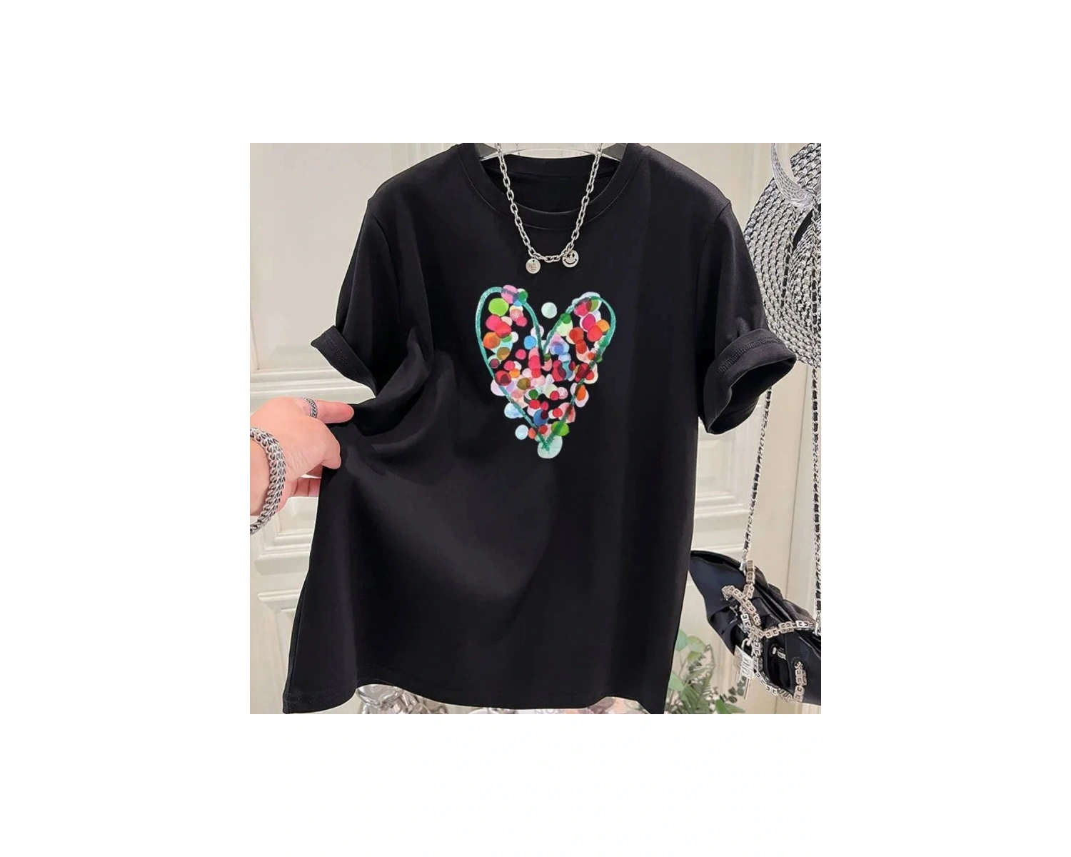 Siyah Yaz El-Boyalı Puantiyeli Baskı Saf O-Boyun En Tees Gevşek