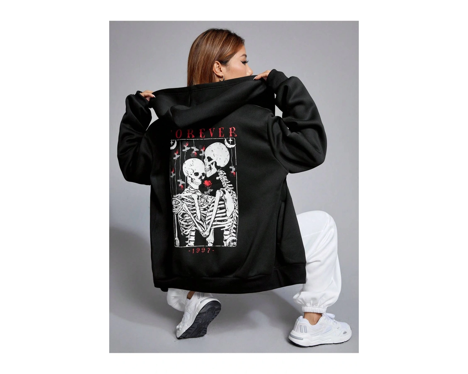 Skeleton & Letter Graphic Zip Up Hoodie Siyah