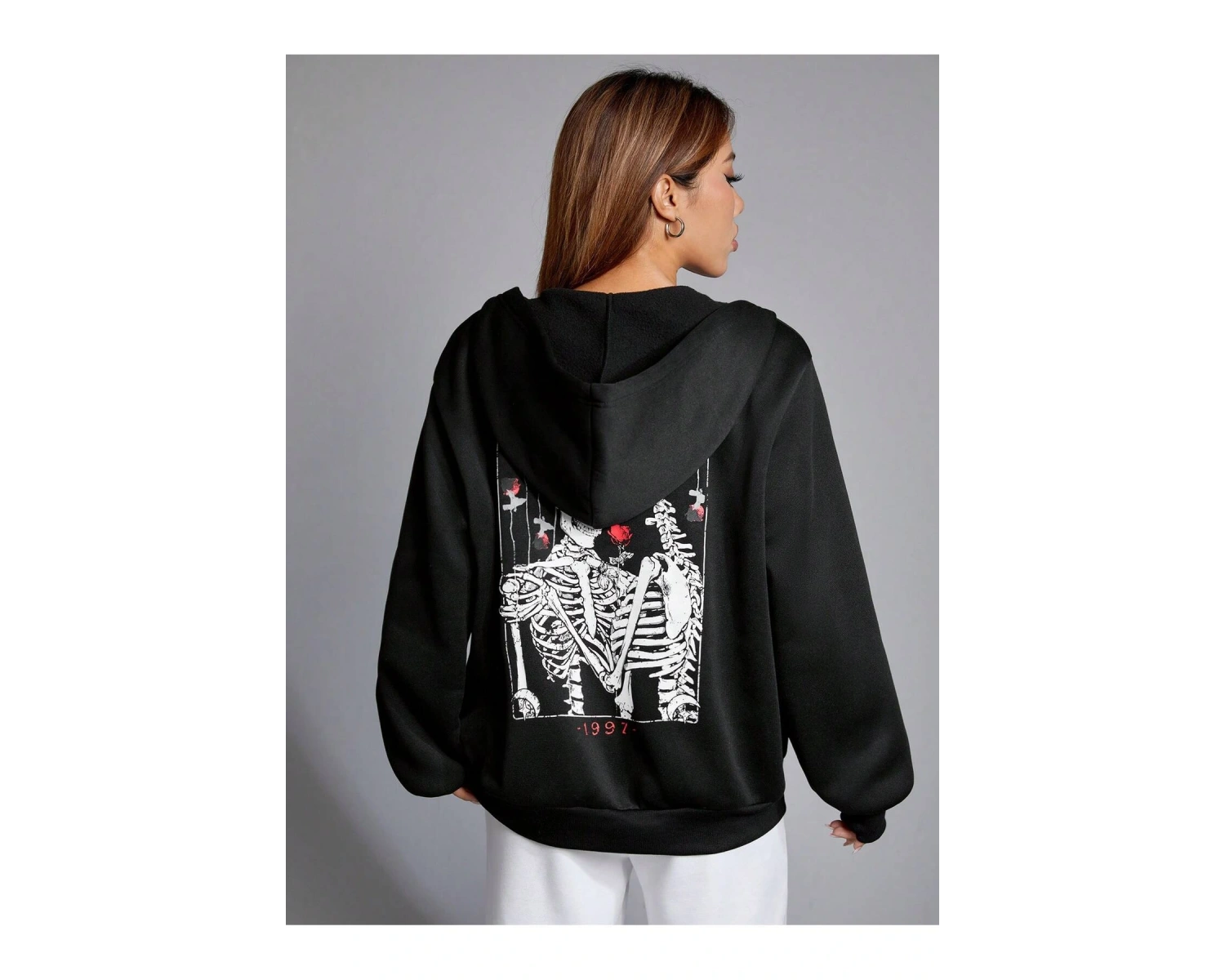 Skeleton & Letter Graphic Zip Up Hoodie Siyah