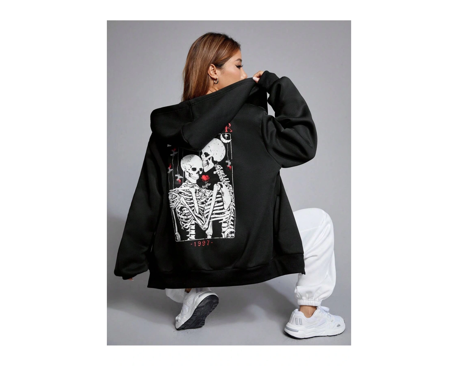 Skeleton & Letter Graphic Zip Up Hoodie Siyah