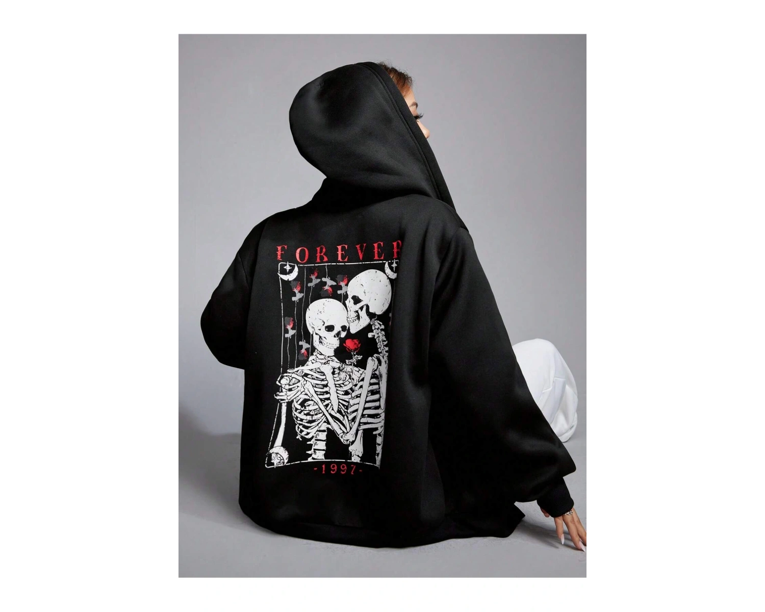Skeleton & Letter Graphic Zip Up Hoodie Siyah