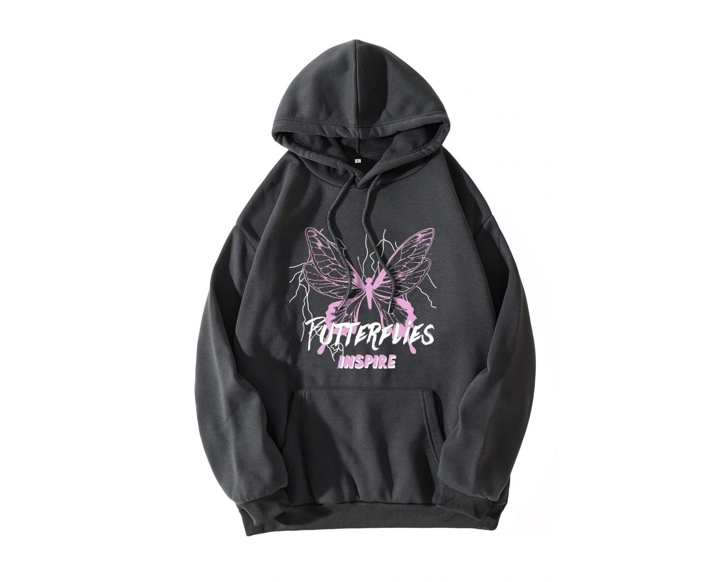 Slogan And Butterfly Print Drawstring Kangaroo Pocket Hoodie Gri