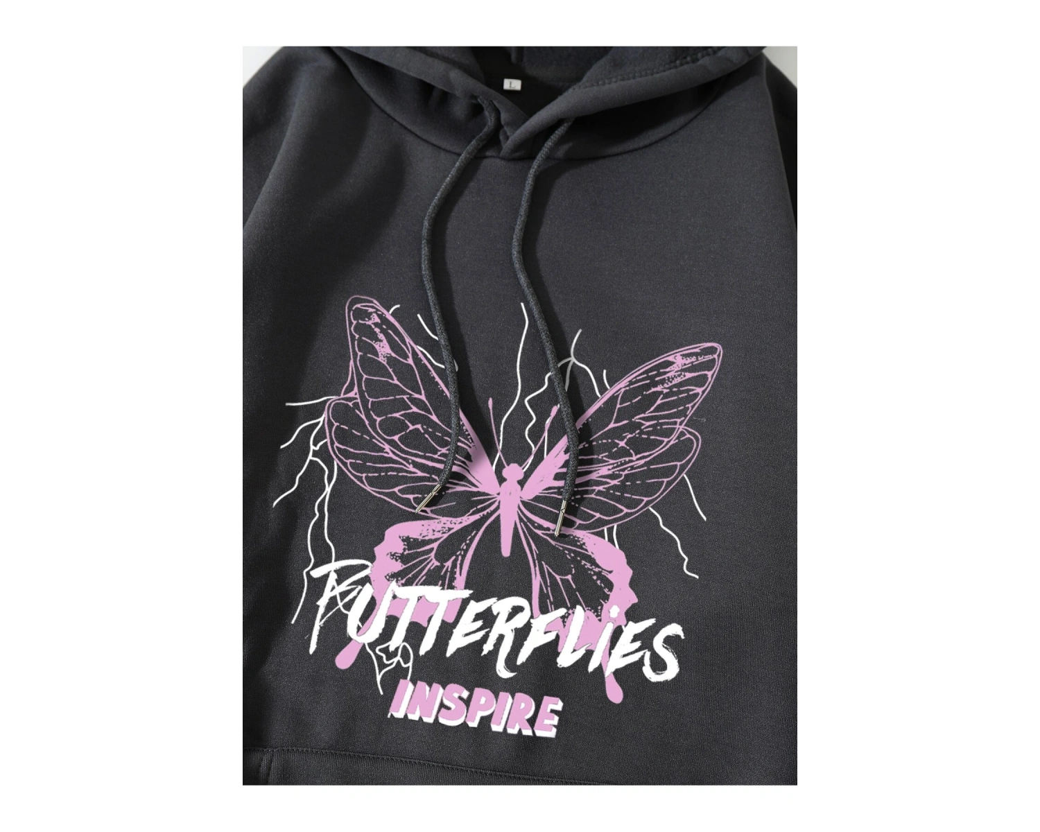 Slogan And Butterfly Print Drawstring Kangaroo Pocket Hoodie Gri