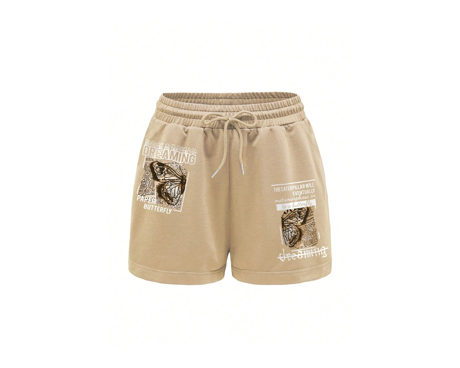Slogan & Butterfly Graphic Drawstring Waist Şort