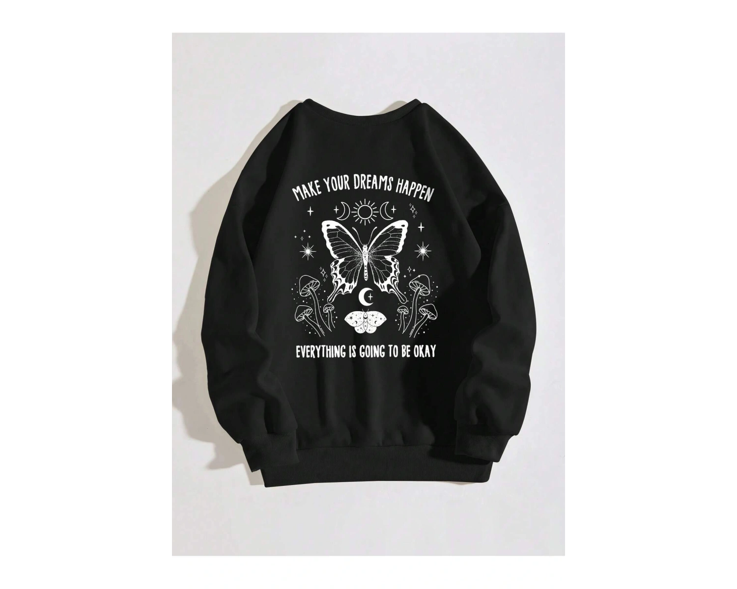 Slogan & Butterfly Print Pullover Siyah