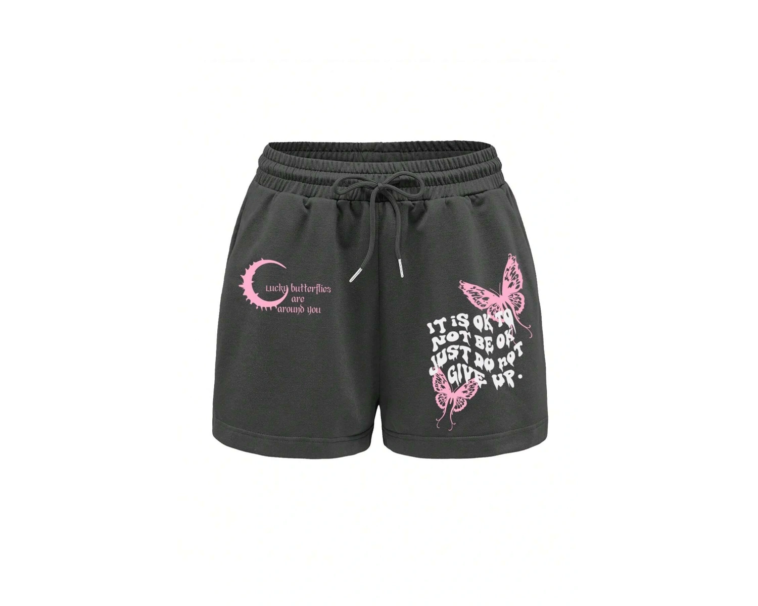 Slogan & Butterfly Print Tie Waist Şort