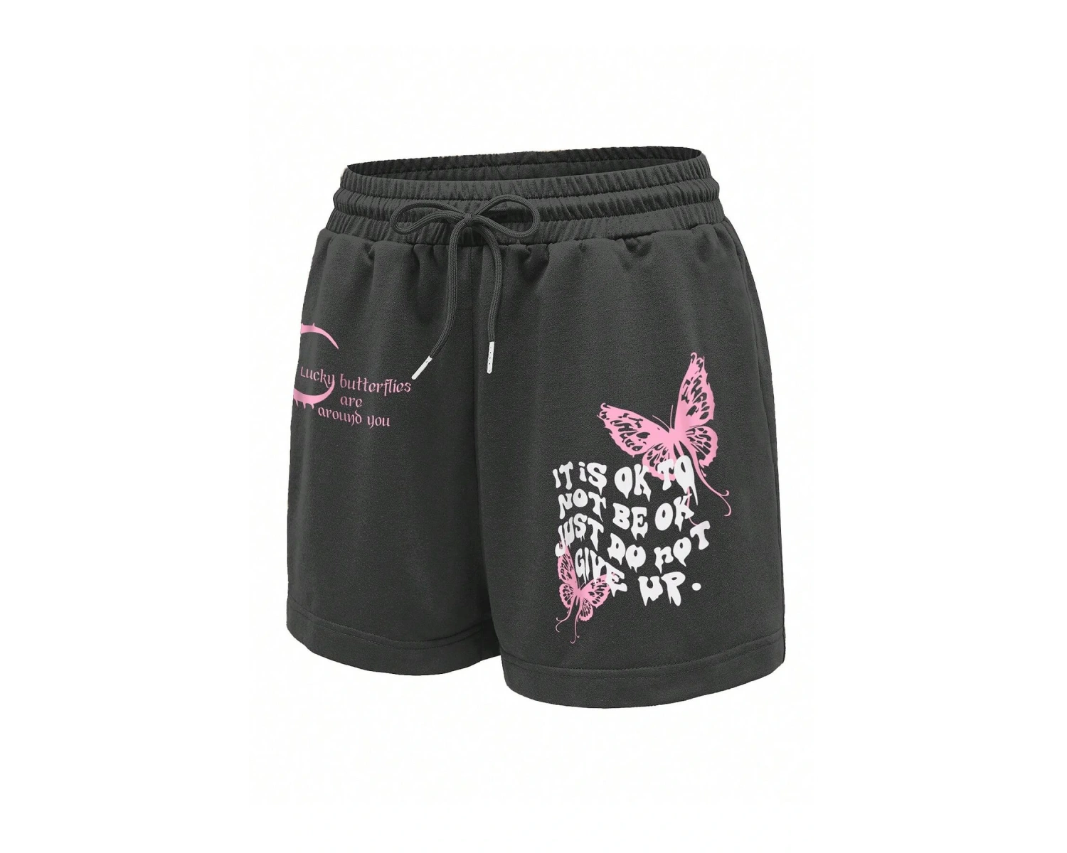 Slogan & Butterfly Print Tie Waist Şort