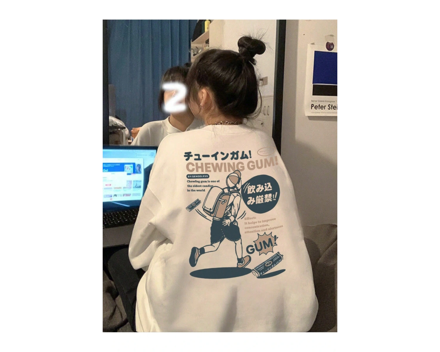 Slogan & Cartoon Graphic Drop Shoulder Sweatshirt Beyaz