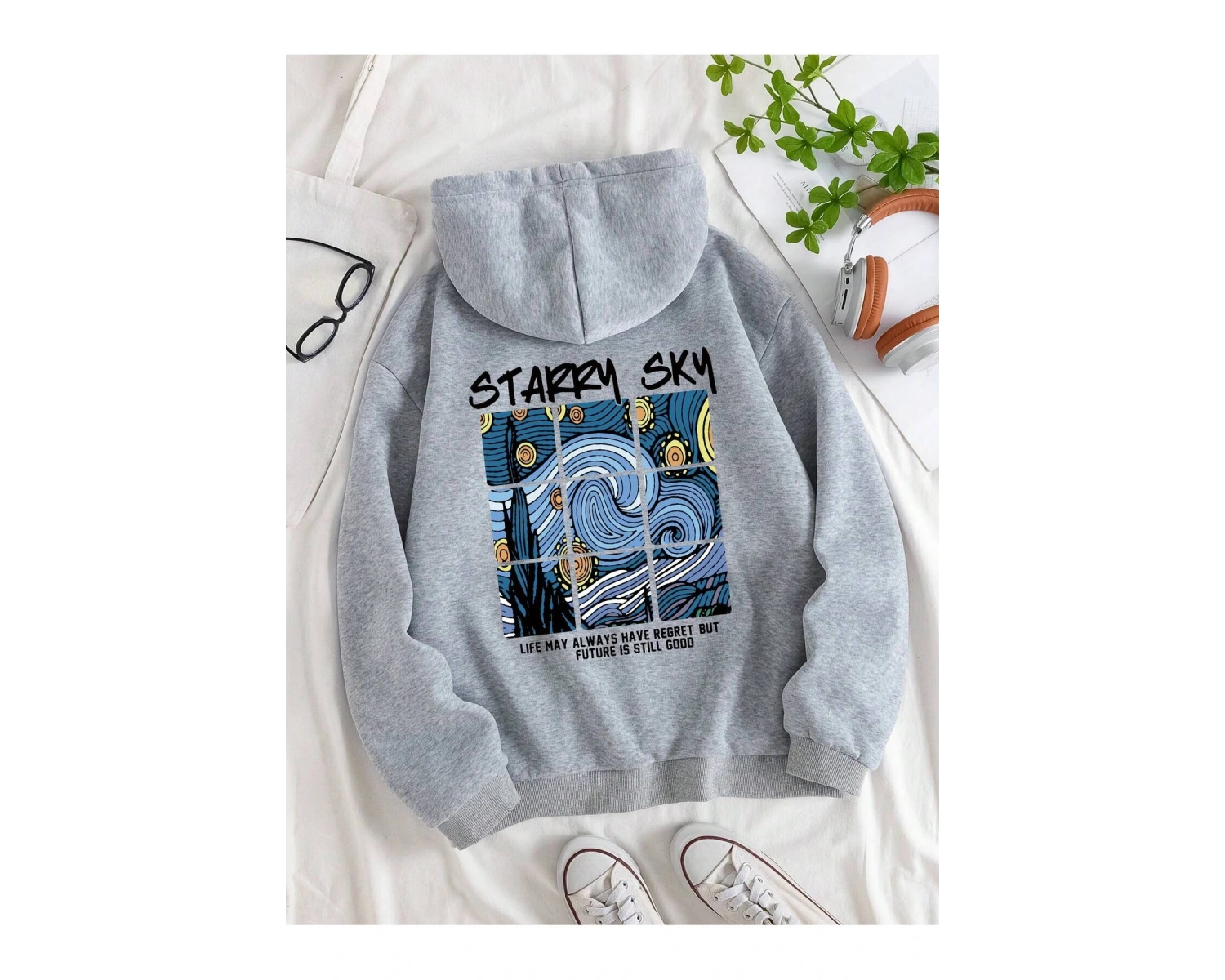 Slogan Grafikli Büzgülü Kapüşonlu Üst Gri