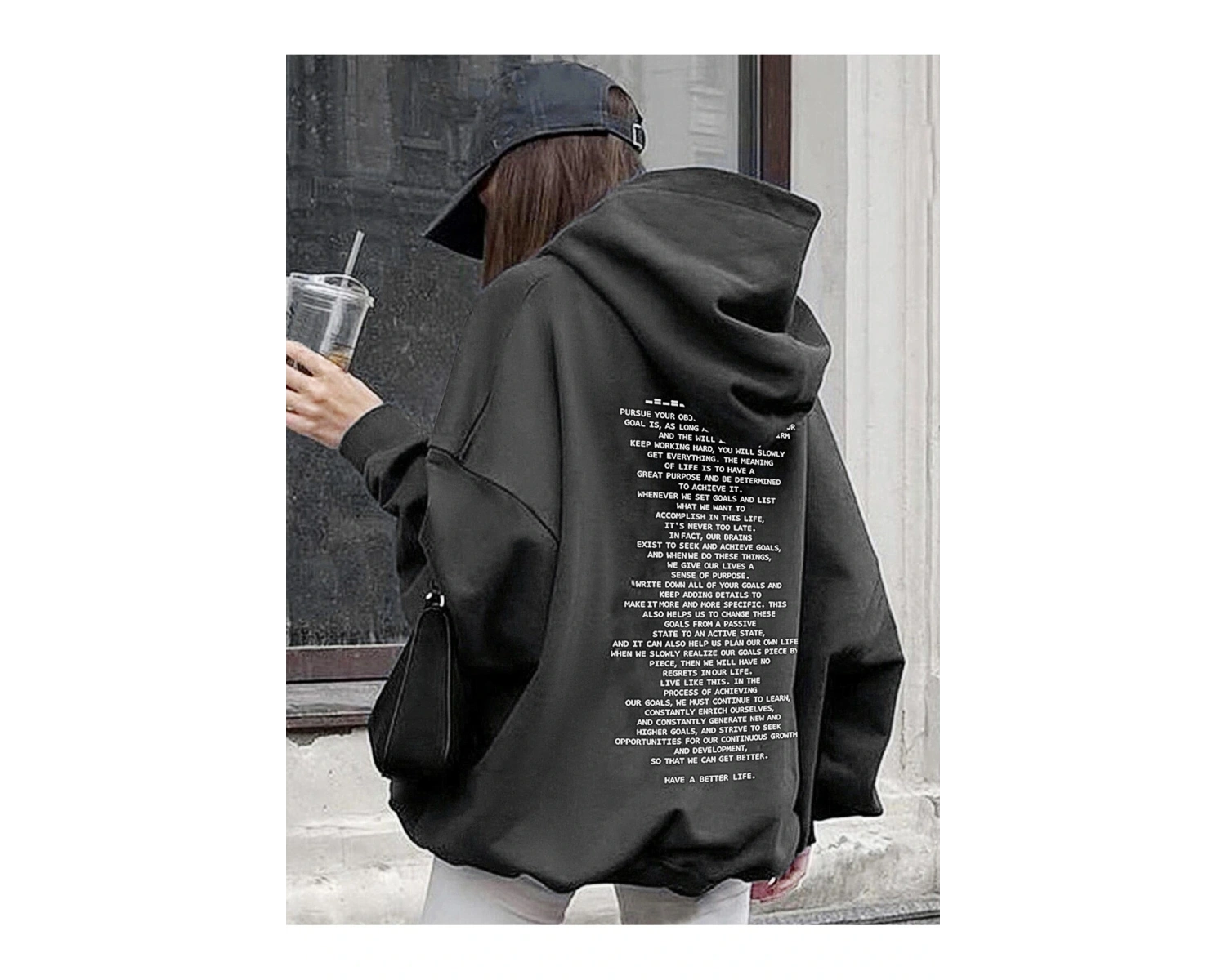 Slogan Grafikli Damla Omuzlu Kapüşonlu Üst Gri