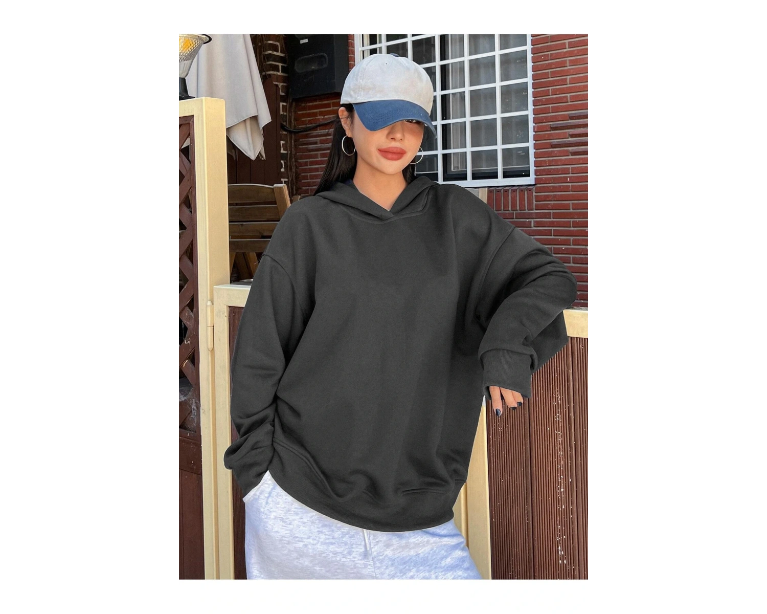 Slogan Grafikli Damla Omuzlu Kapüşonlu Üst Gri