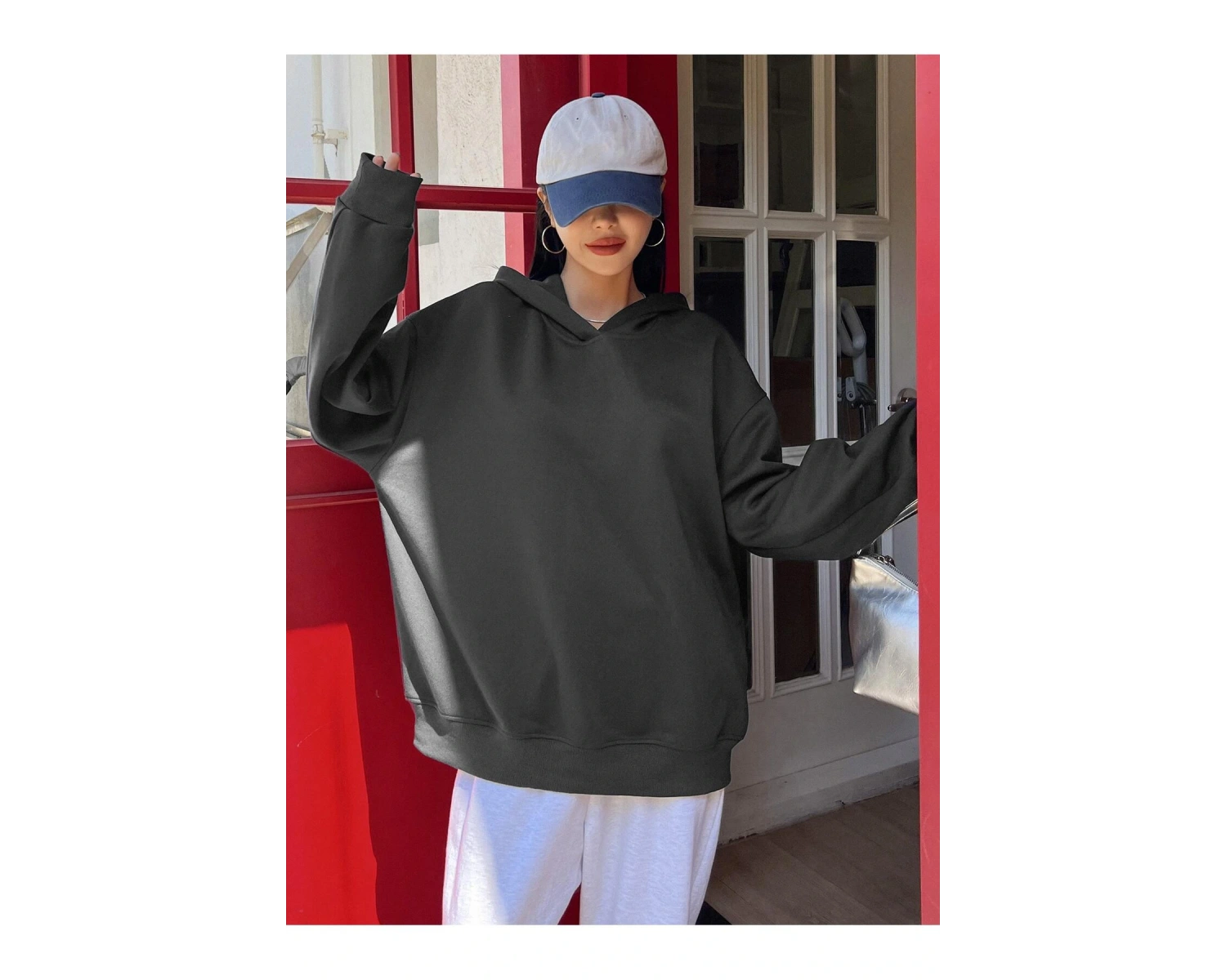 Slogan Grafikli Damla Omuzlu Kapüşonlu Üst Gri