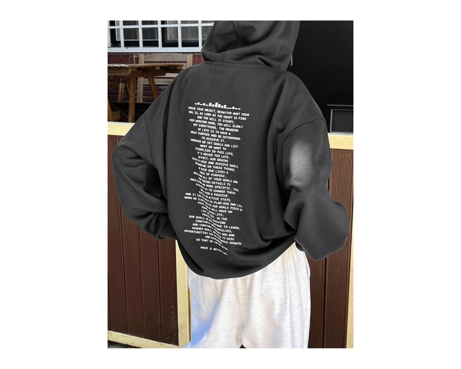 Slogan Grafikli Damla Omuzlu Kapüşonlu Üst Gri