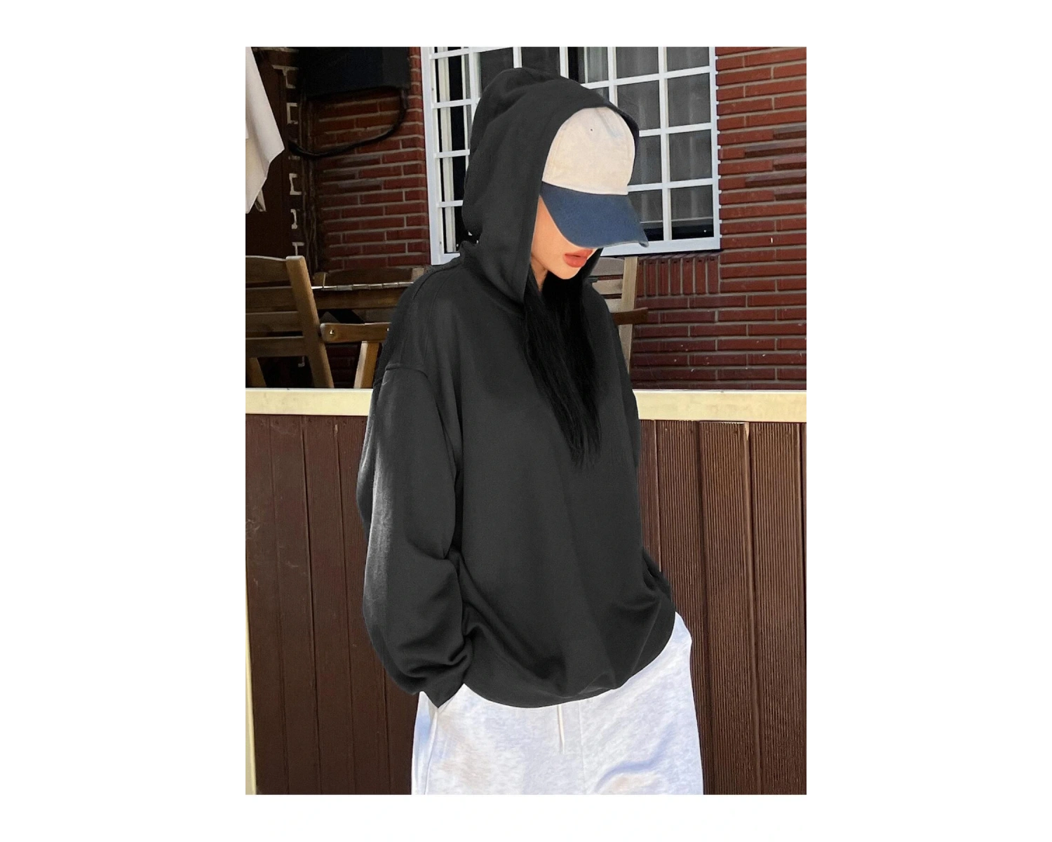 Slogan Grafikli Damla Omuzlu Kapüşonlu Üst Gri