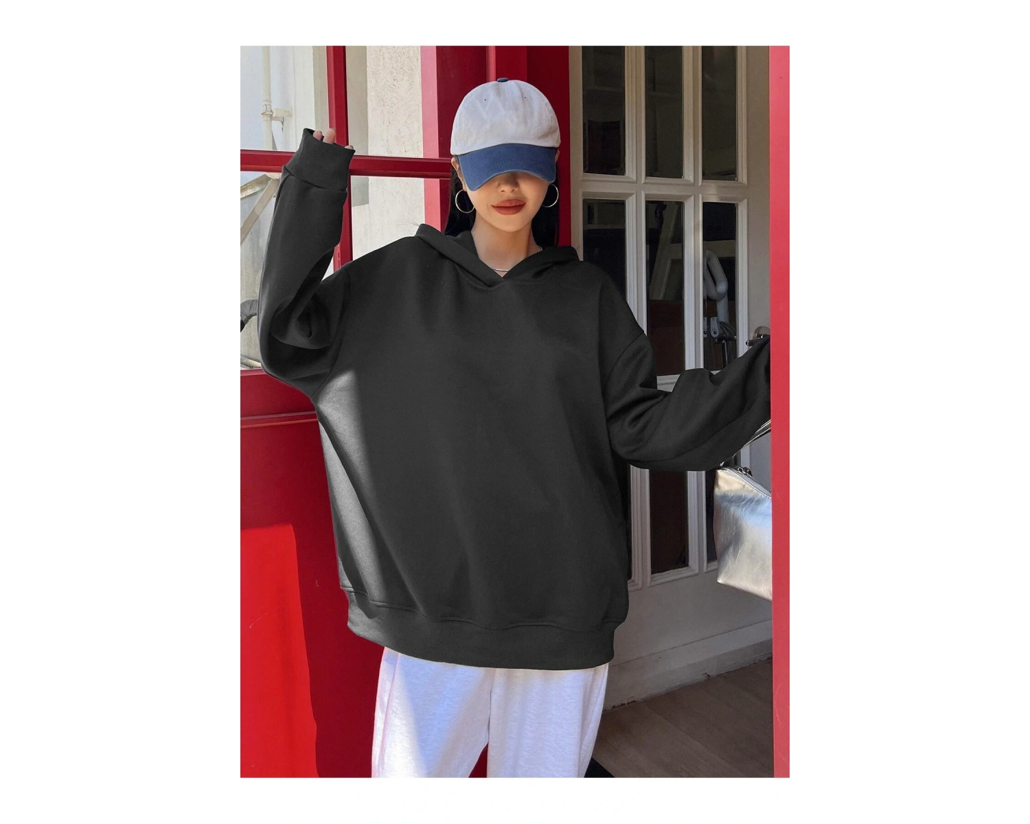 Slogan Grafikli Damla Omuzlu Kapüşonlu Üst Gri