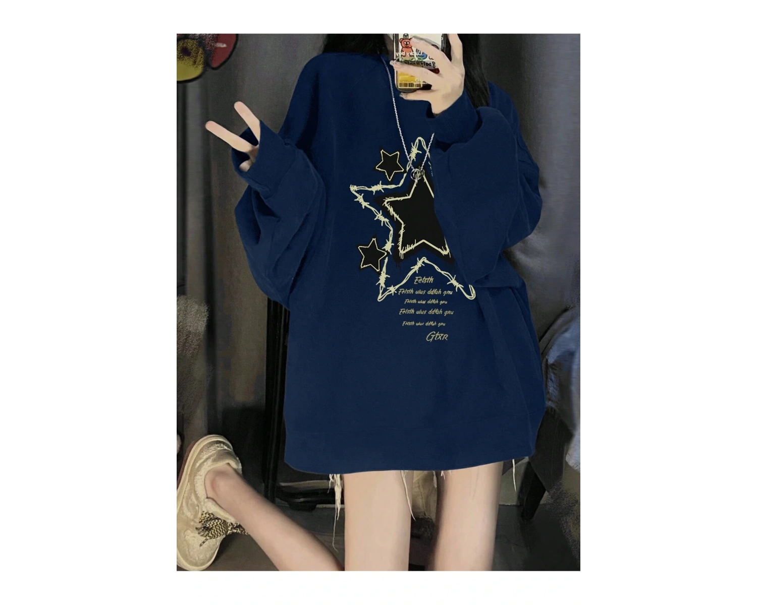 Slogan Grafikli Düşük Omuz Oversize Sweat Lacivert