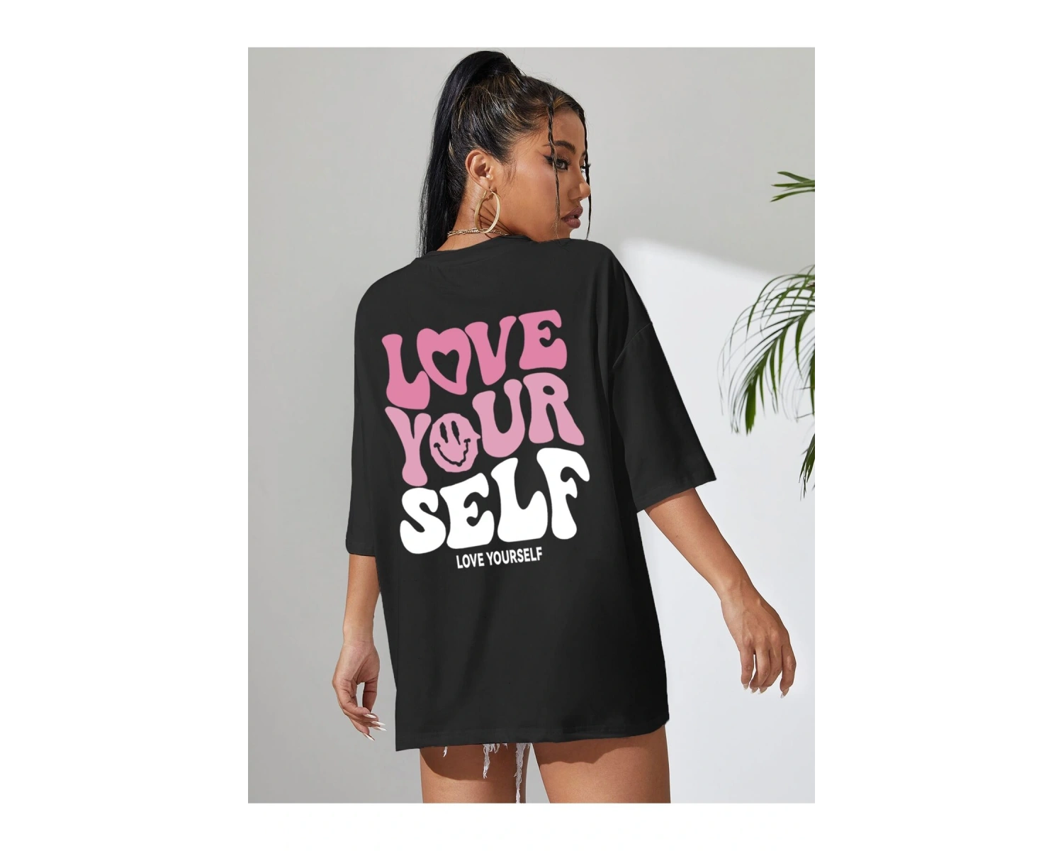 Slogan Grafikli Düşük Omuzlu Tişört