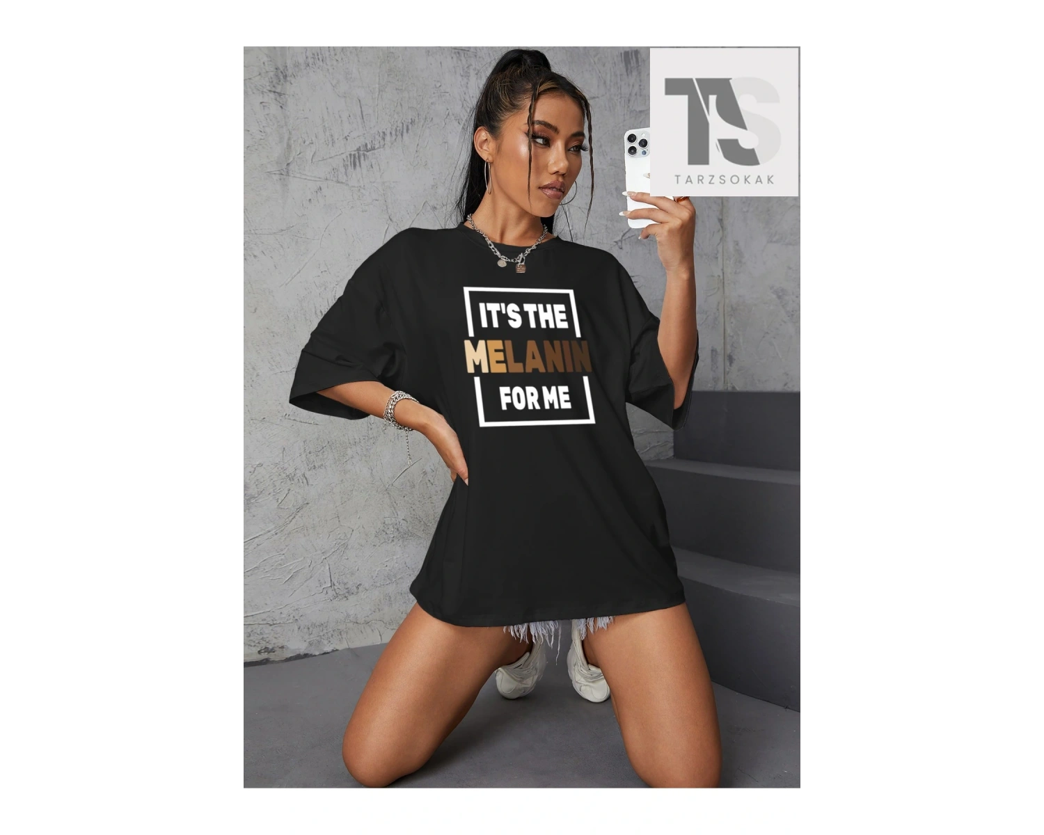 Slogan Grafikli Düşük Omuzlu Tişört