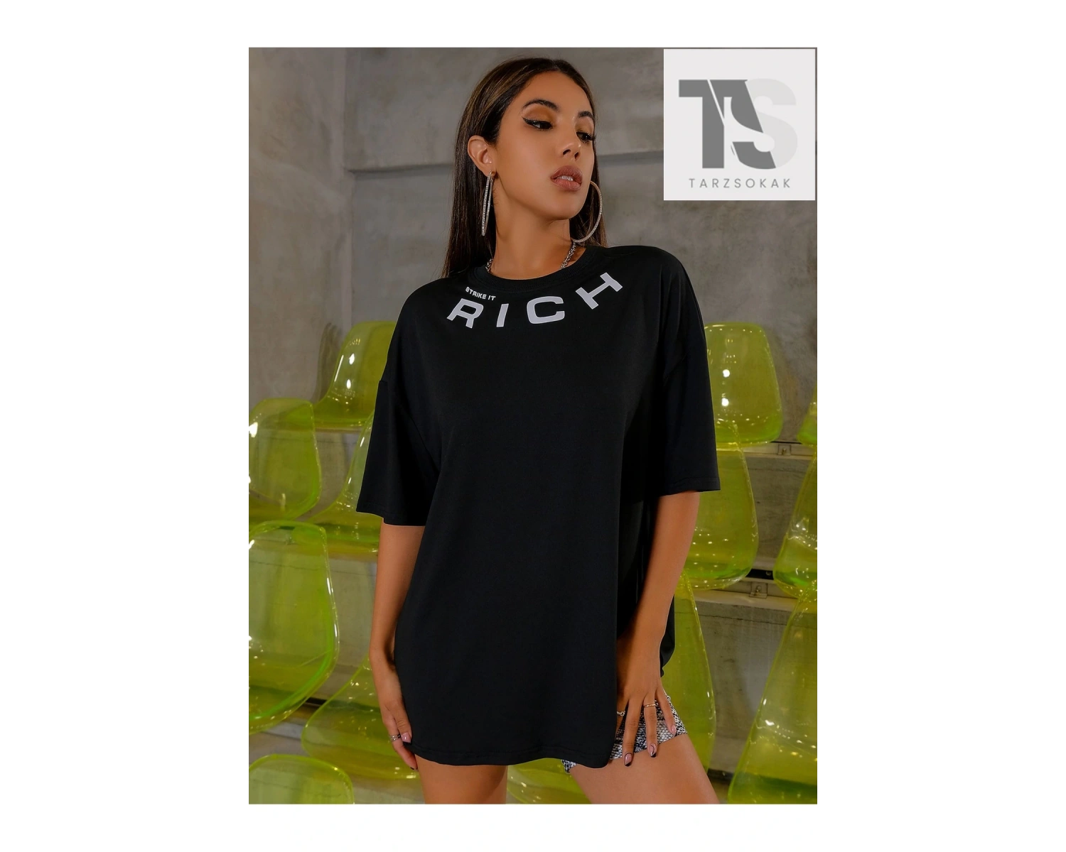 Slogan Grafikli Düşük Omuzlu Tişört