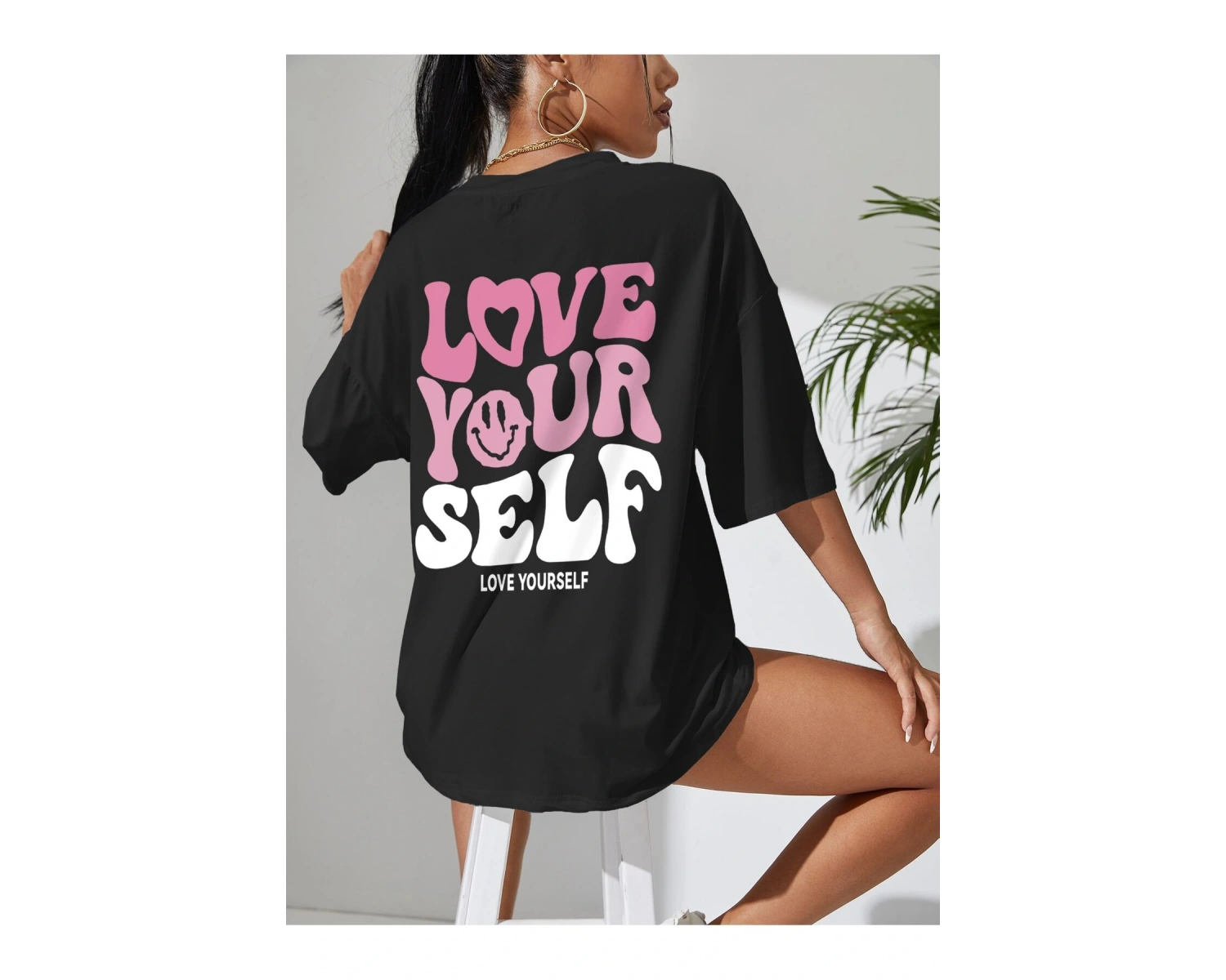 Slogan Grafikli Düşük Omuzlu Tişört