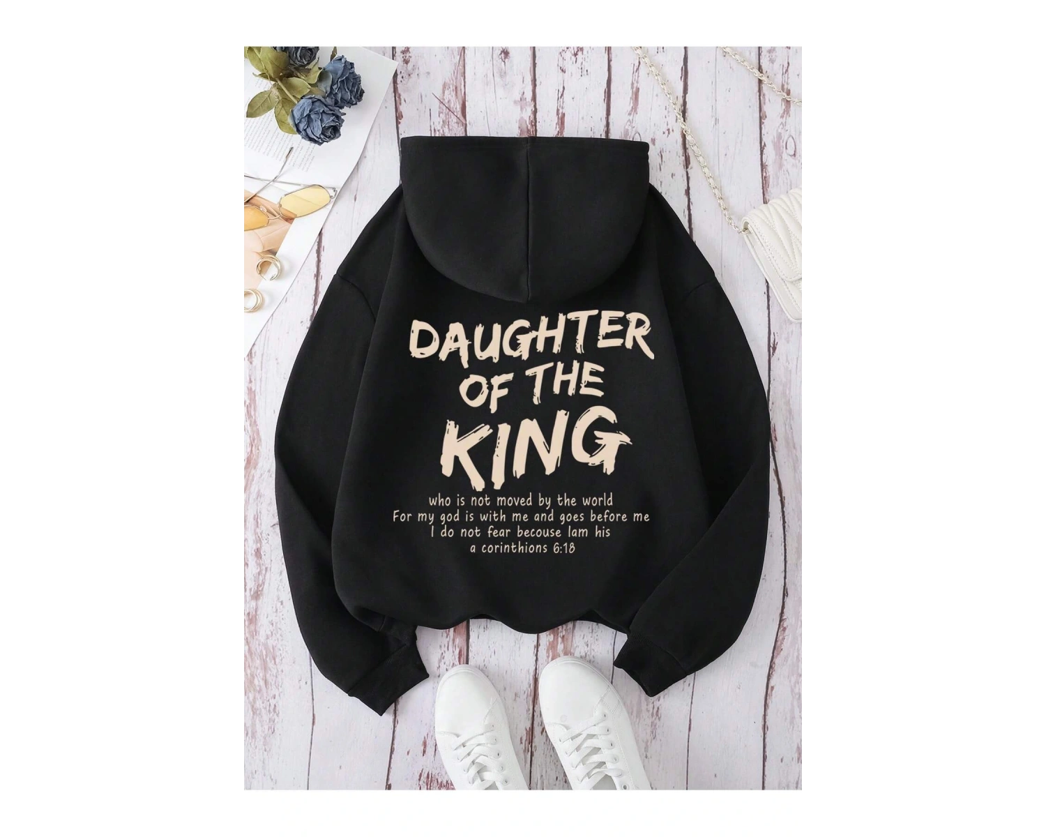 Slogan Grafikli Kanguru Cepli Büzgülü Kapüşonlu Üst Beyaz