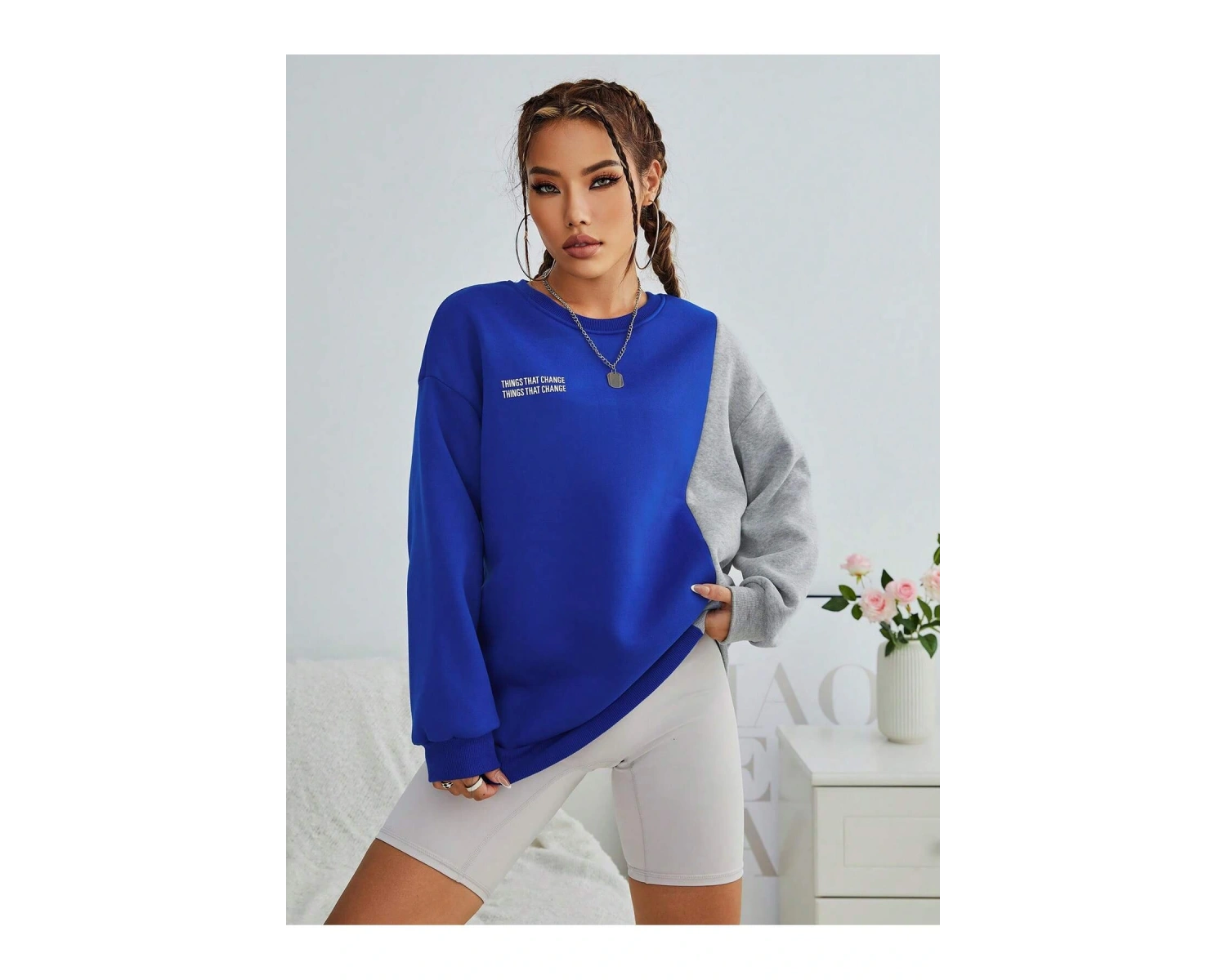 Slogan Graphic Colorblock Drop Shoulder Sweatshirt