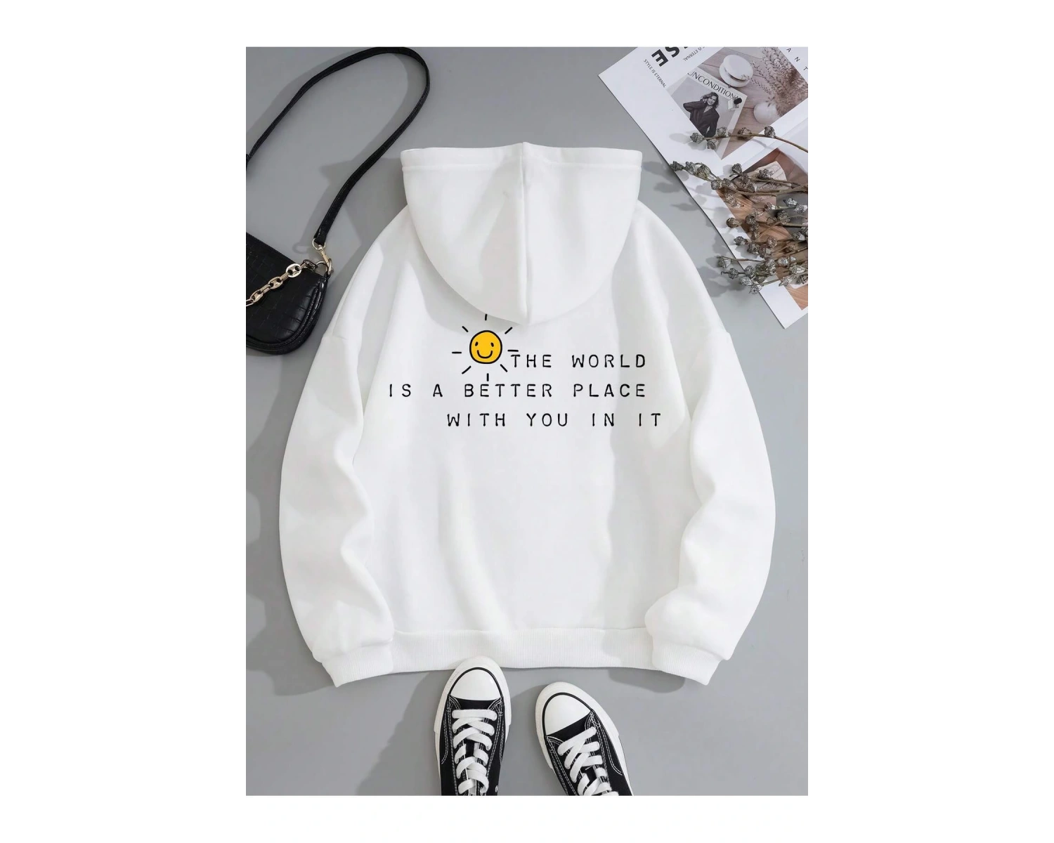 Slogan Graphic Drawstring Lined Kangaroo Pocket Hoodie Beyaz