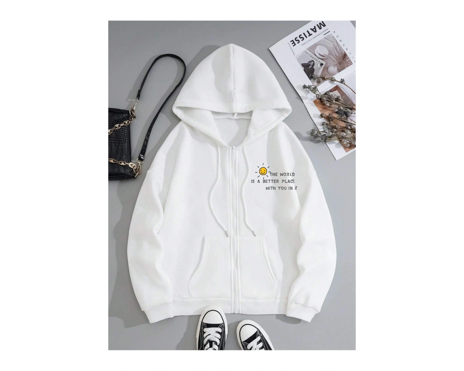 Slogan Graphic Drawstring Lined Kangaroo Pocket Hoodie Beyaz