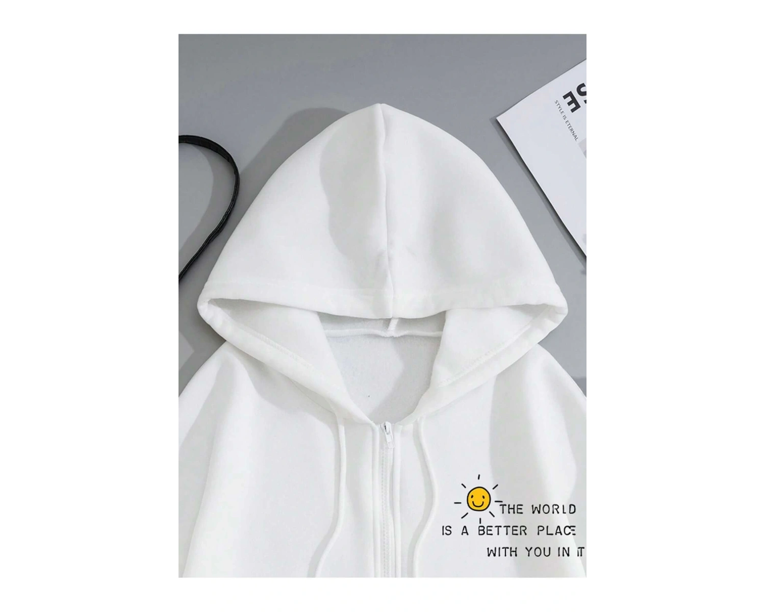 Slogan Graphic Drawstring Lined Kangaroo Pocket Hoodie Beyaz