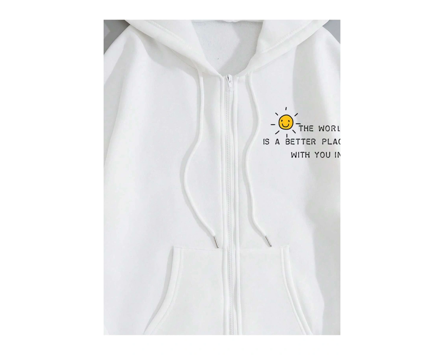 Slogan Graphic Drawstring Lined Kangaroo Pocket Hoodie Beyaz