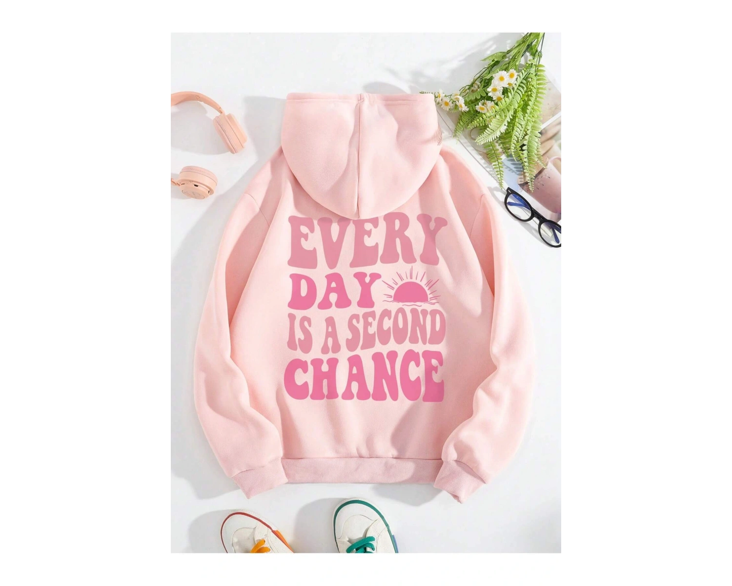 Slogan Graphic Kangaroo Pocket Drawstring Hoodie Pembe