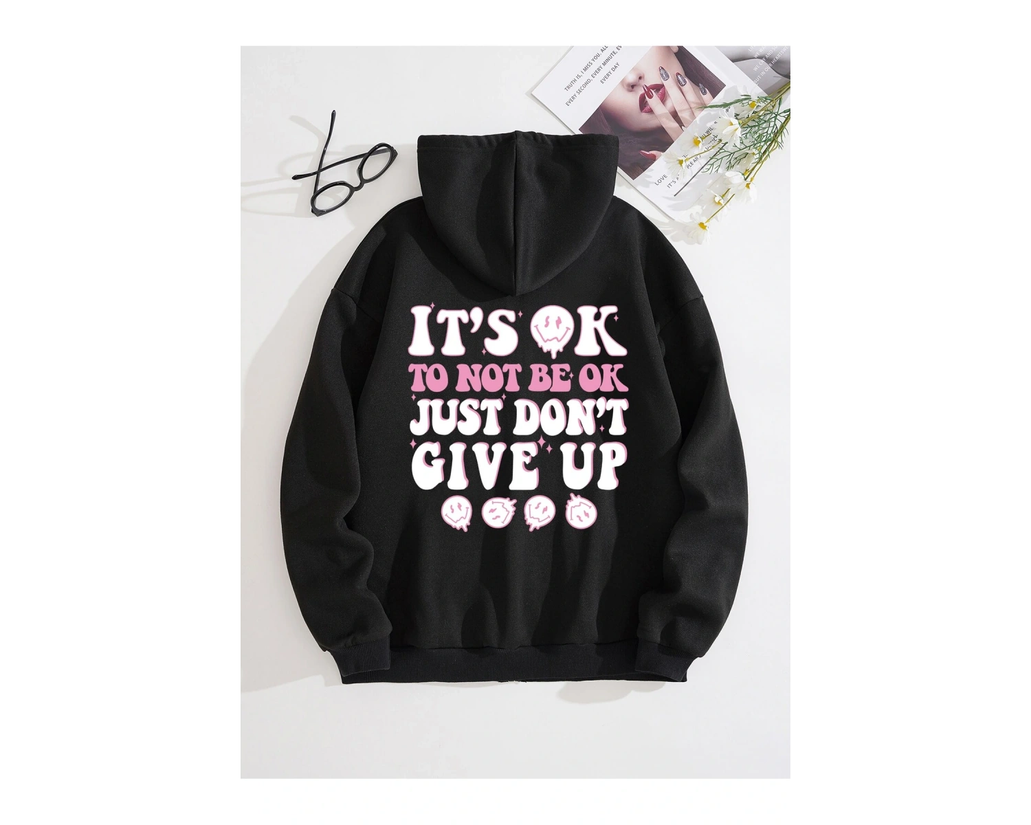 Slogan Graphic Zip Up Drawstring Lined Hoodie Siyah
