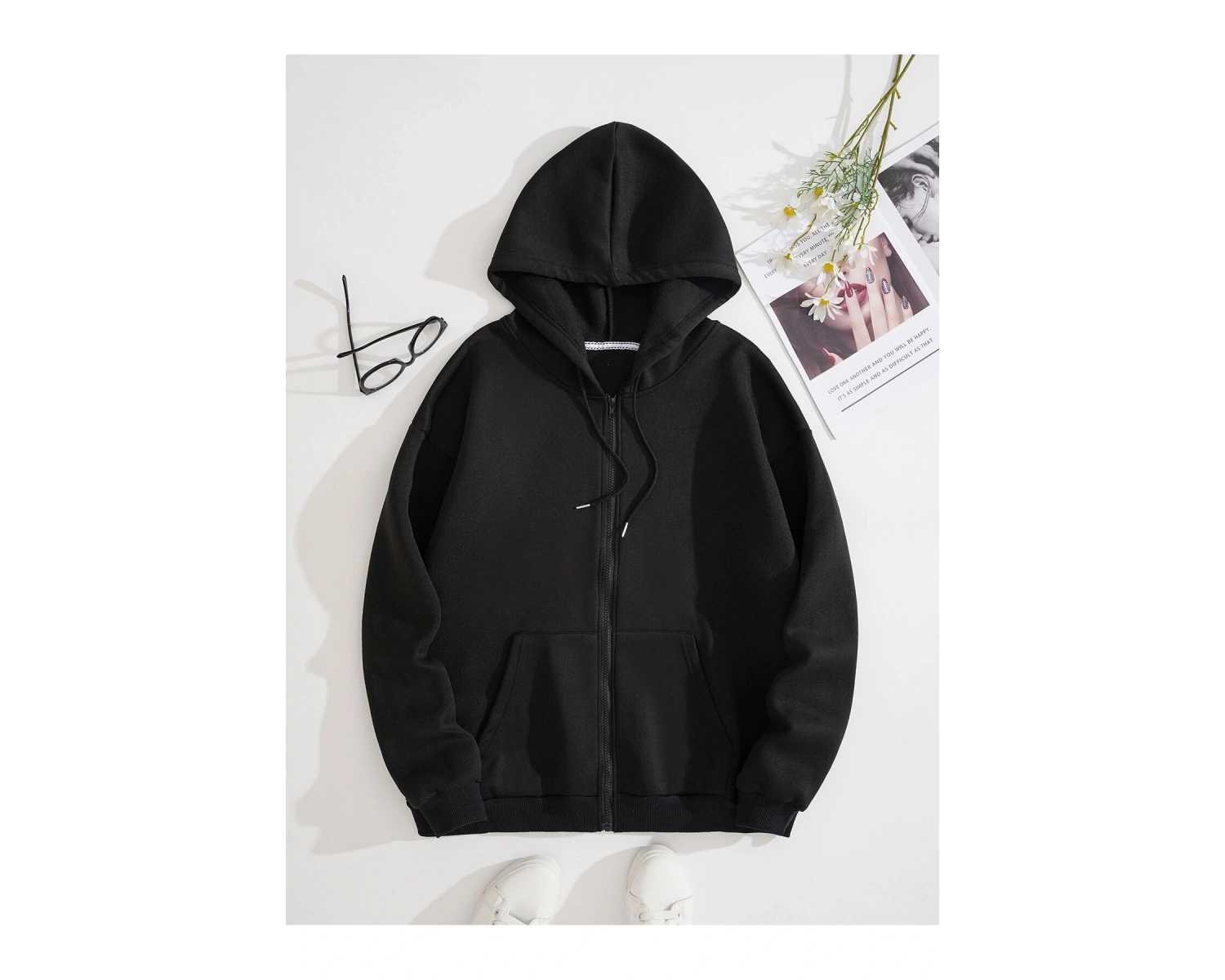 Slogan Graphic Zip Up Drawstring Lined Hoodie Siyah