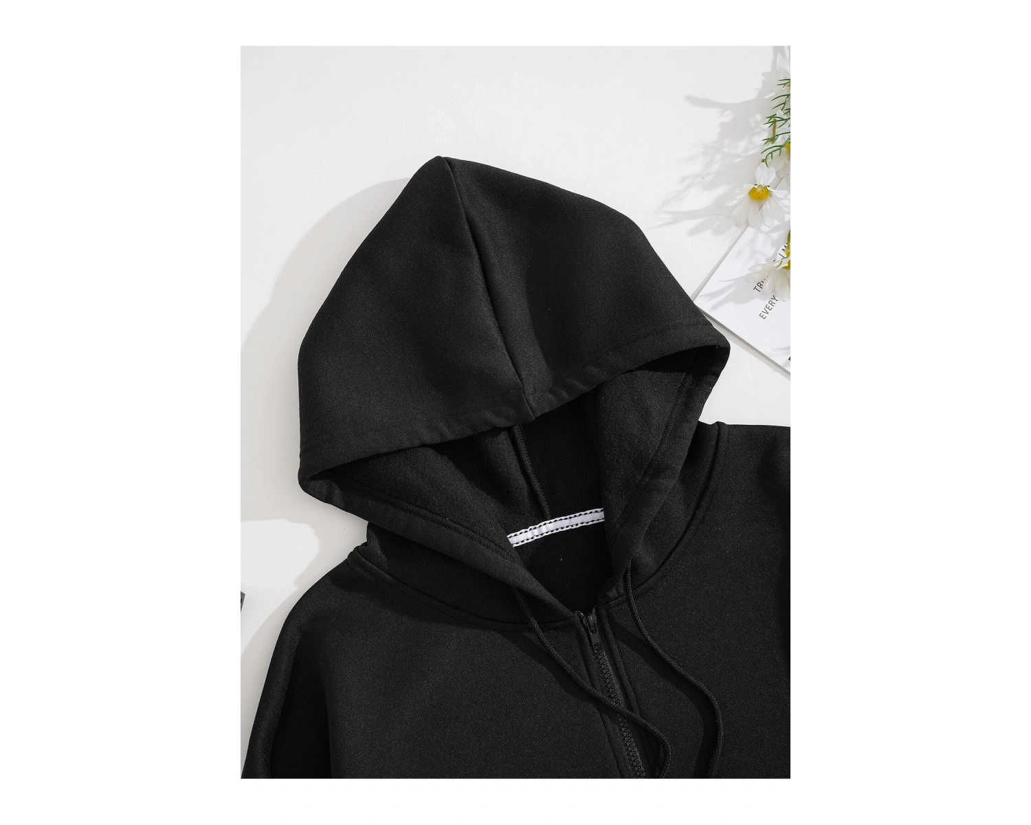 Slogan Graphic Zip Up Drawstring Lined Hoodie Siyah