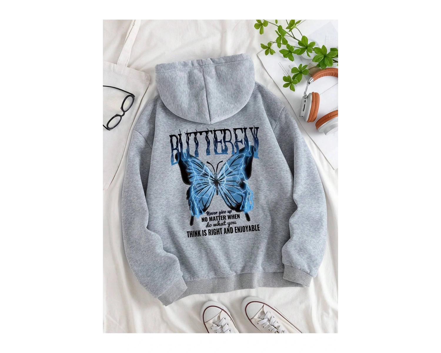 Slogan ve Kelebek Baskılı Kanguru Cepli İpli Kapşonlu Gri