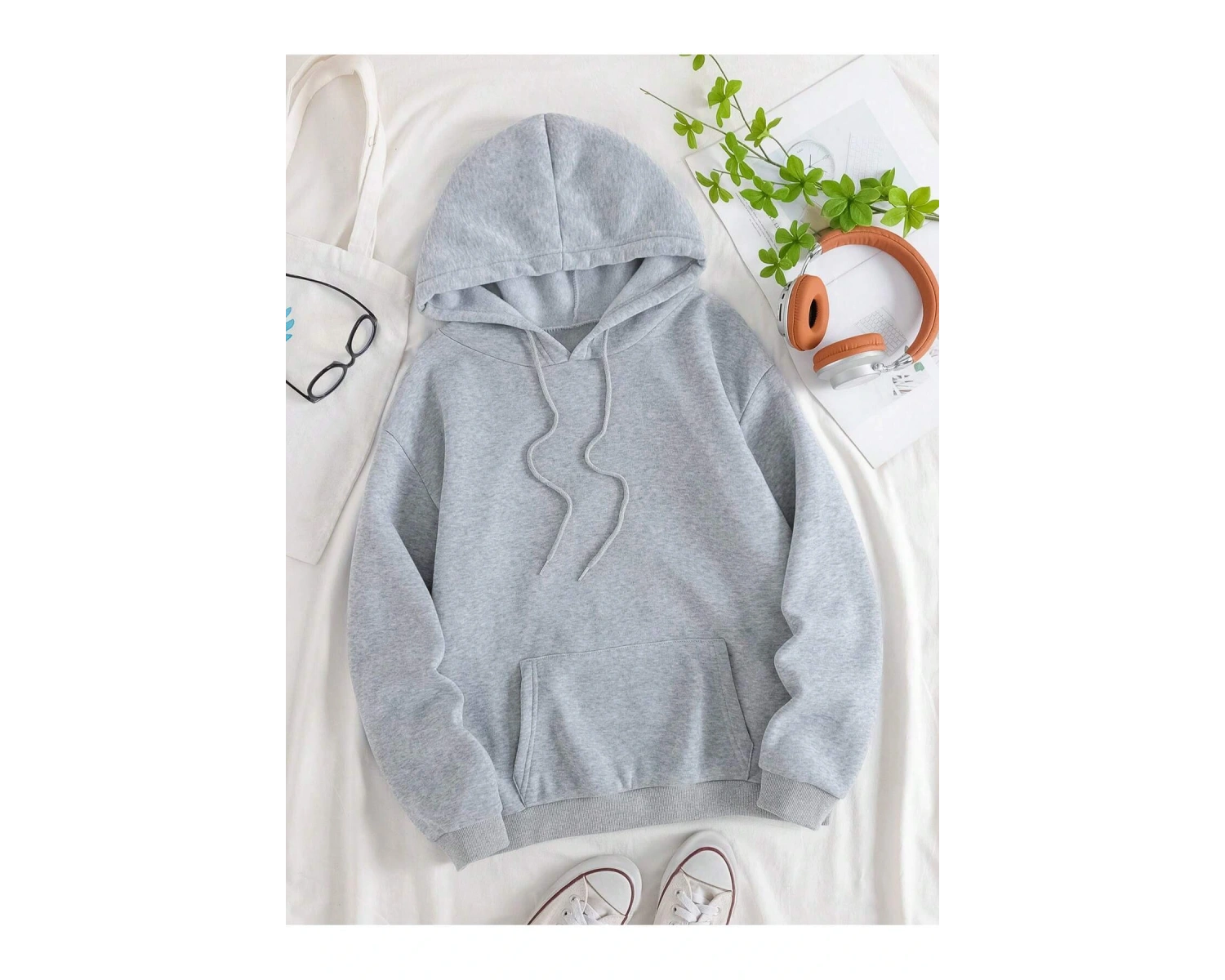 Slogan ve Kelebek Baskılı Kanguru Cepli İpli Kapşonlu Gri