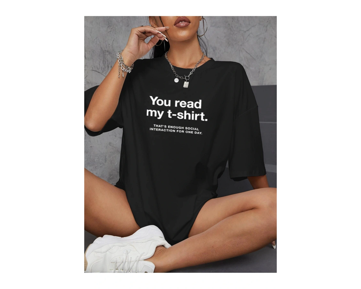 Sloganlı Grafik Düşük Omuz Oversize Tişört
